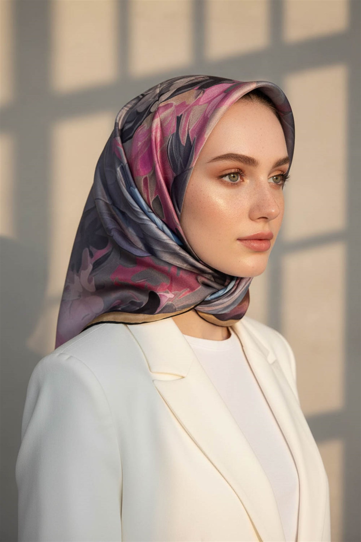 %100 Twill İpek Dumanlı Çiçek Desenli Gri - Saks Renkli 90x90 Eşarp Kenar Dikiş Şekli El Dikişli