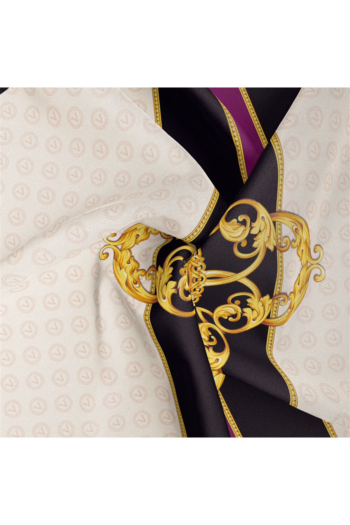 %100 Twill İpek Monogram Ve Barok Desenli Krem - Mürdüm Renkli 90x90 Eşarp Dikim Şekli : El Dikişi