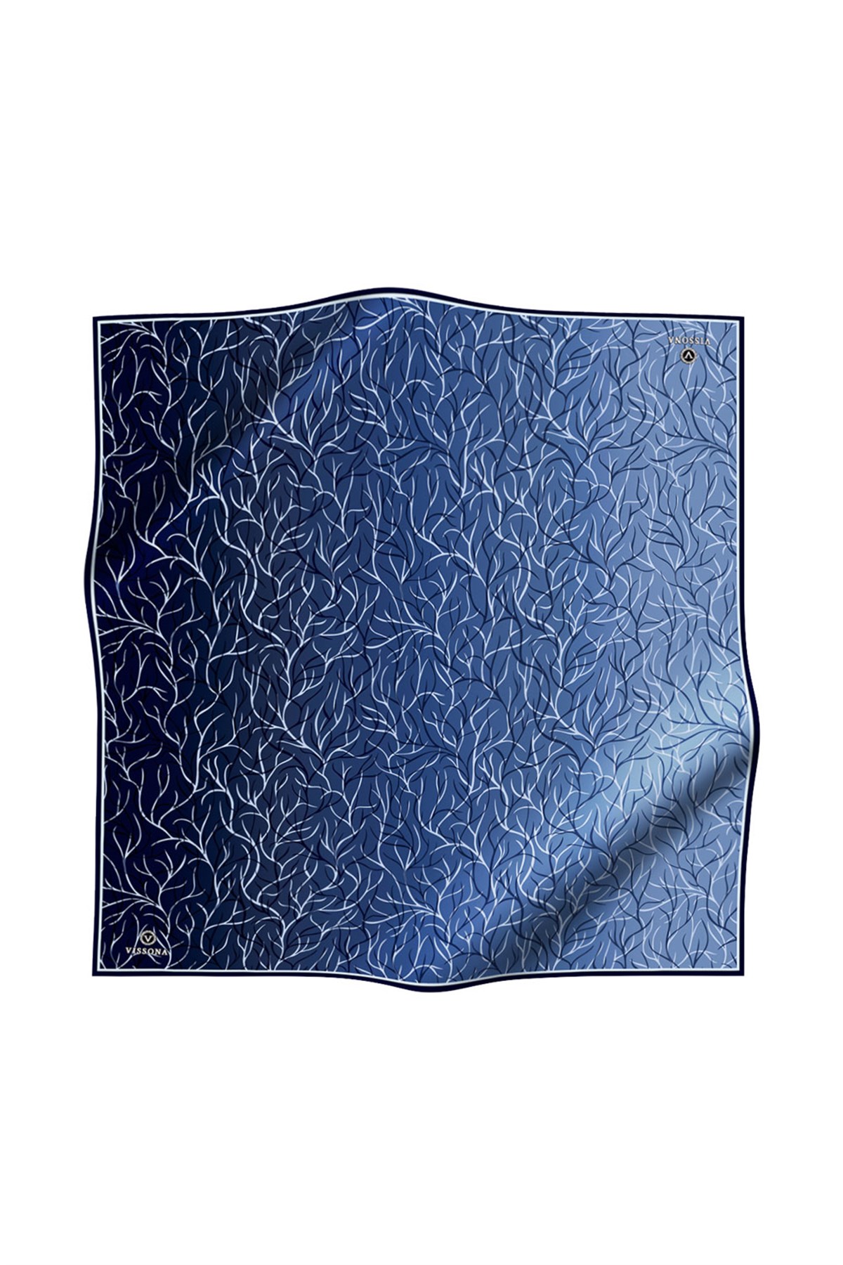 %100 Twill İpek Degrade Desenli Lacivert Renkli 90x90 Eşarp Dikim Şekli : El Dikişi