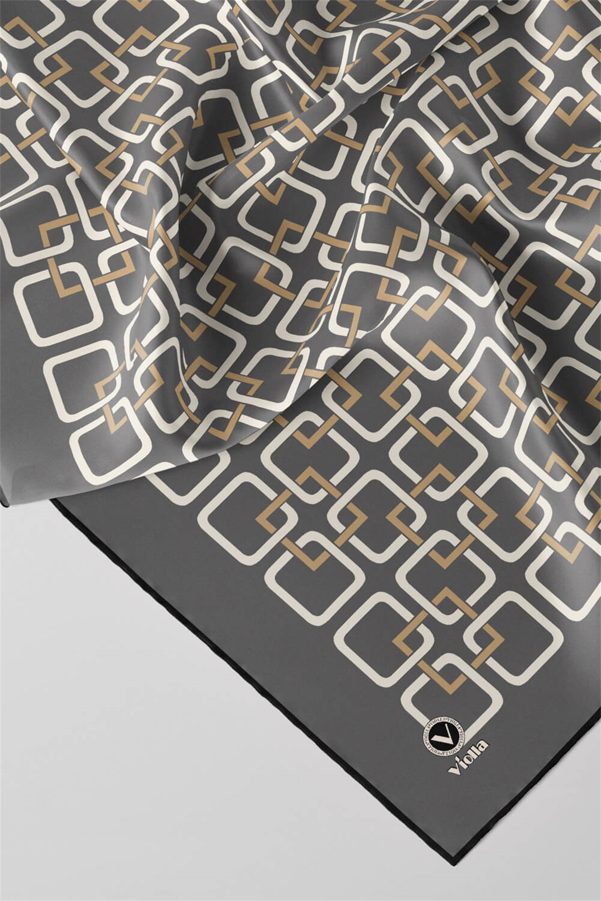 Twill Geometrik Desenli Gri Renkli 90x90 Eşarp (İpek İçermez) Kenar Dikiş Şekli El Dikişli