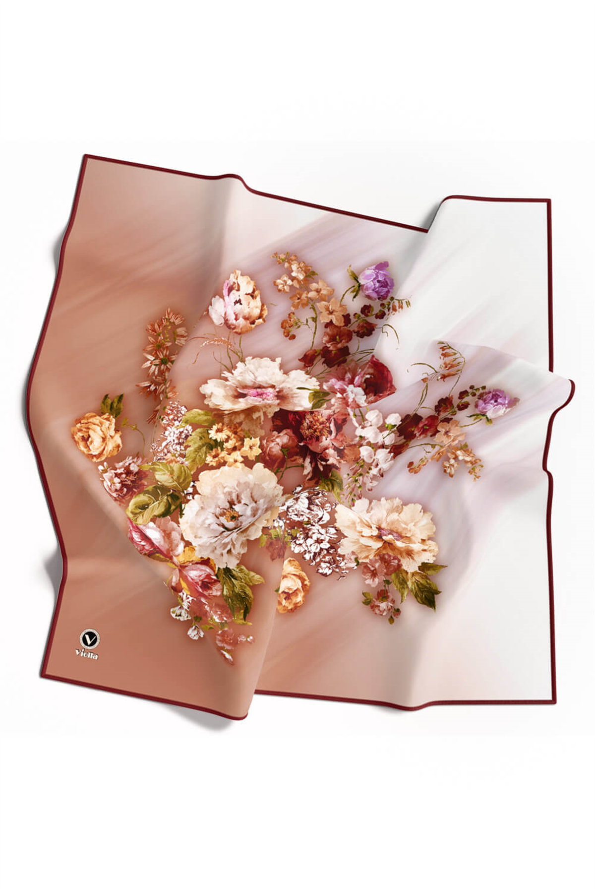 Twill Degradeli Çiçek Desenli Taba Renkli 90x90 Eşarp (İpek İçermez) Kenar Dikiş Şekli El Dikişli