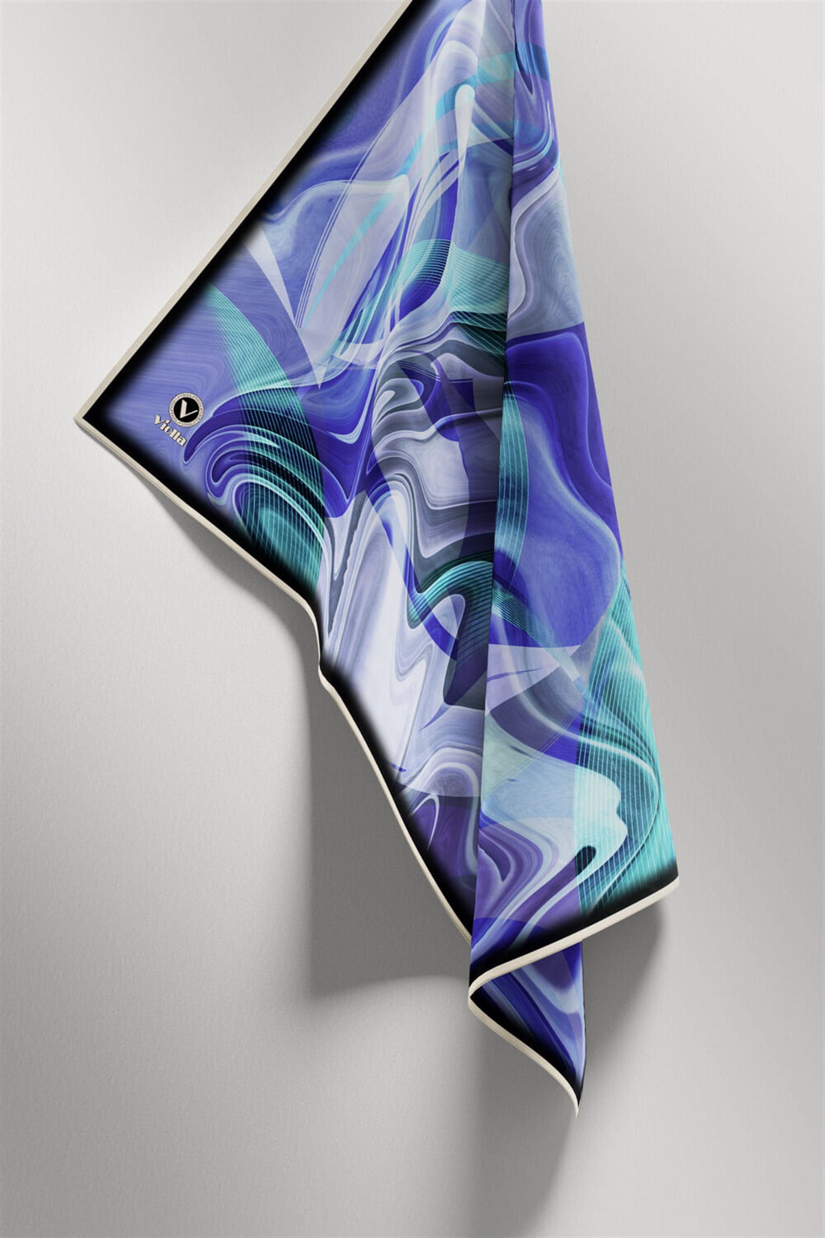 Twill Soyut Dalga Desenli Saks Renkli 90x90 Eşarp (İpek İçermez) Dikim Şekli : El Dikişi