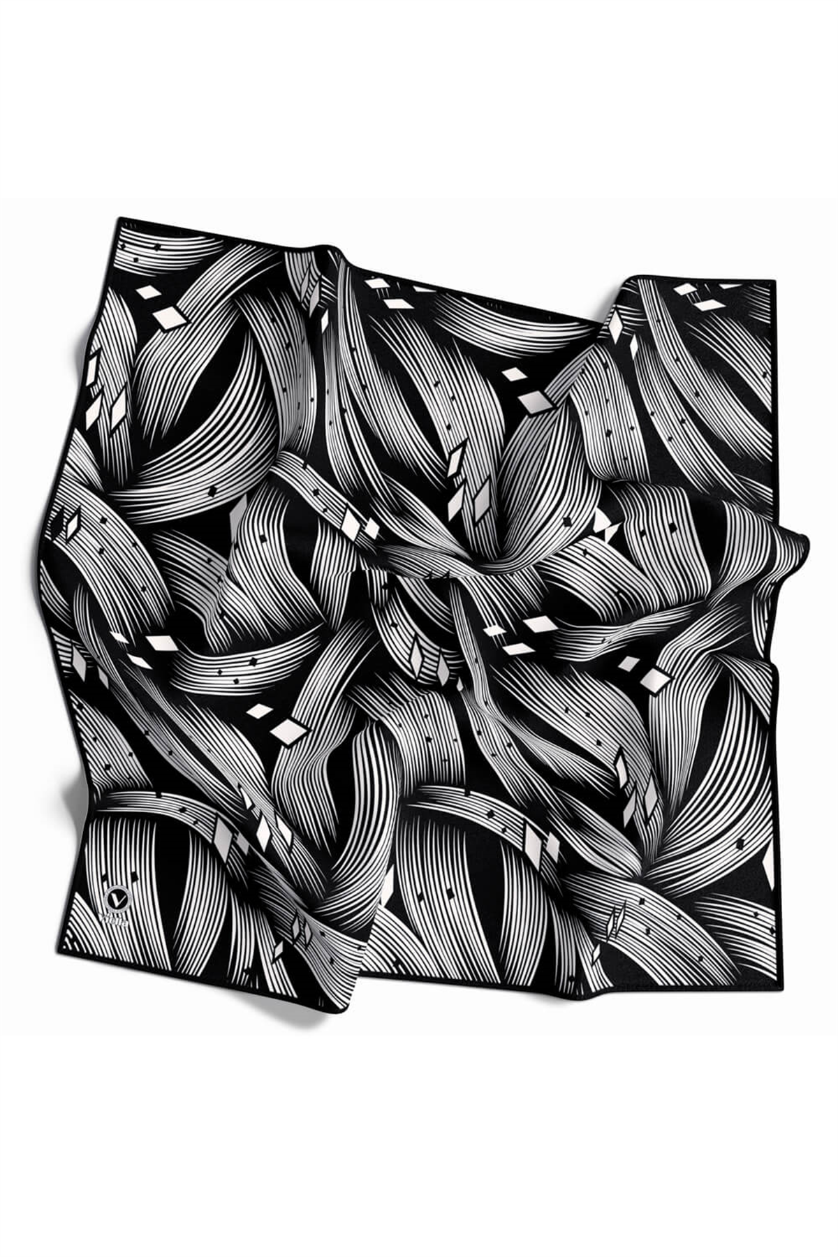 Rayon Geometrik Çizgili Desenli Siyah Renkli 90x90 Eşarp (İpek İçermez) Kenar Dikiş Şekli El Dikişli