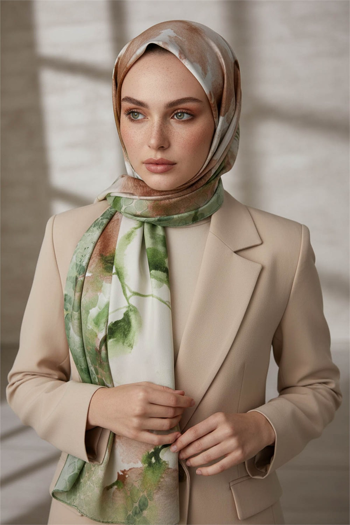 KREP SULU BOYA ÇİÇEK DESENLİ ZÜMRÜT YEŞİLİ RENKLİ 75X195 KIRIŞMAZ ŞAL
