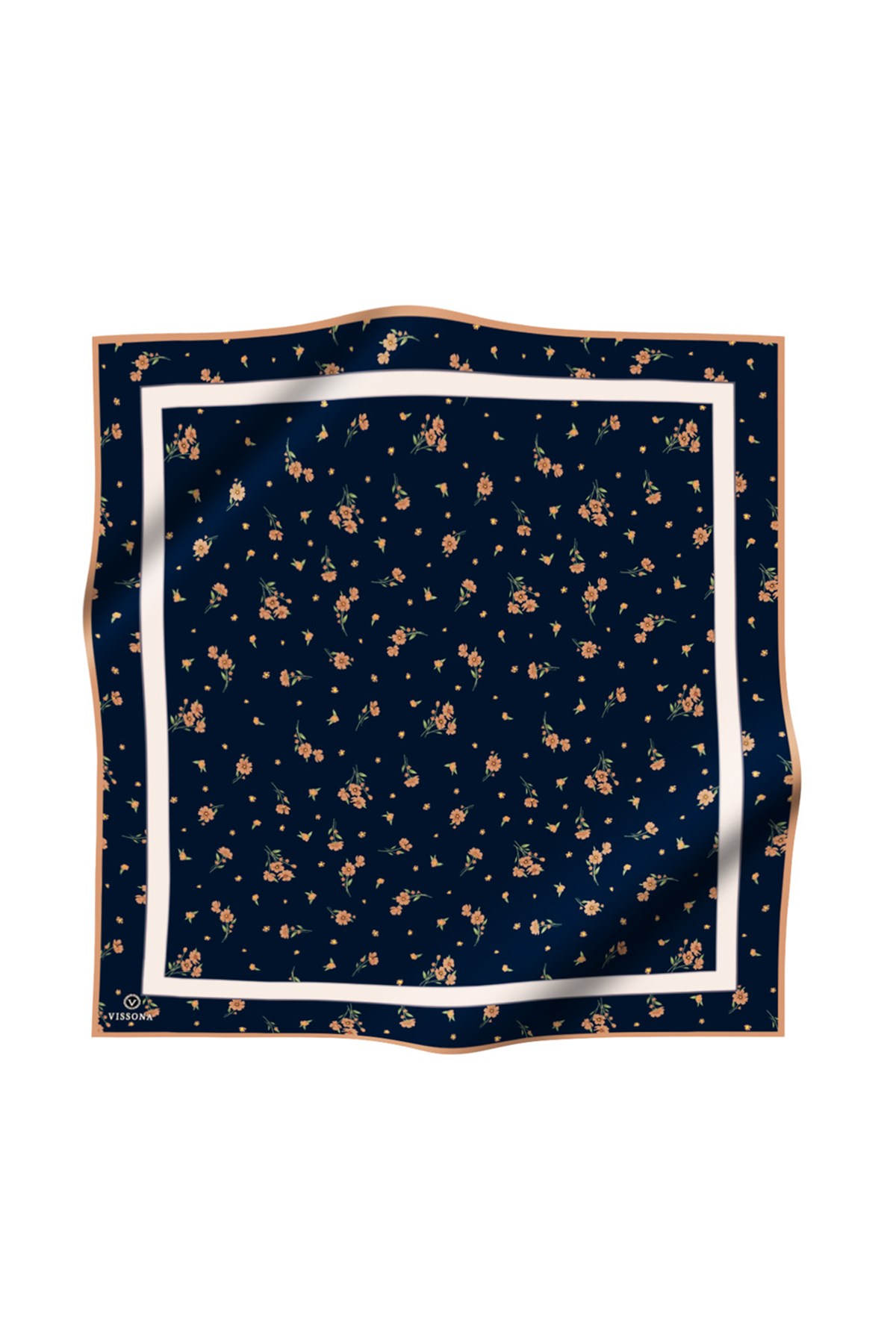 100% Twill İpek Bordürlü Çıtır Çiçek Desenli Lacivert - Gold Renkli 90x90 Dikim Şekli : El Dikişi Eşarp