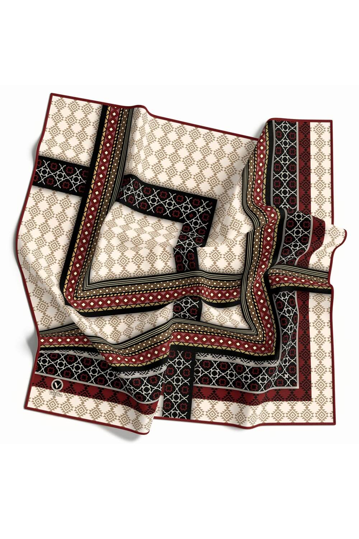 Twill Etnik Desenli Bordo Renkli 90x90 Eşarp (İpek İçermez) Kenar Dikiş Şekli El Dikişli