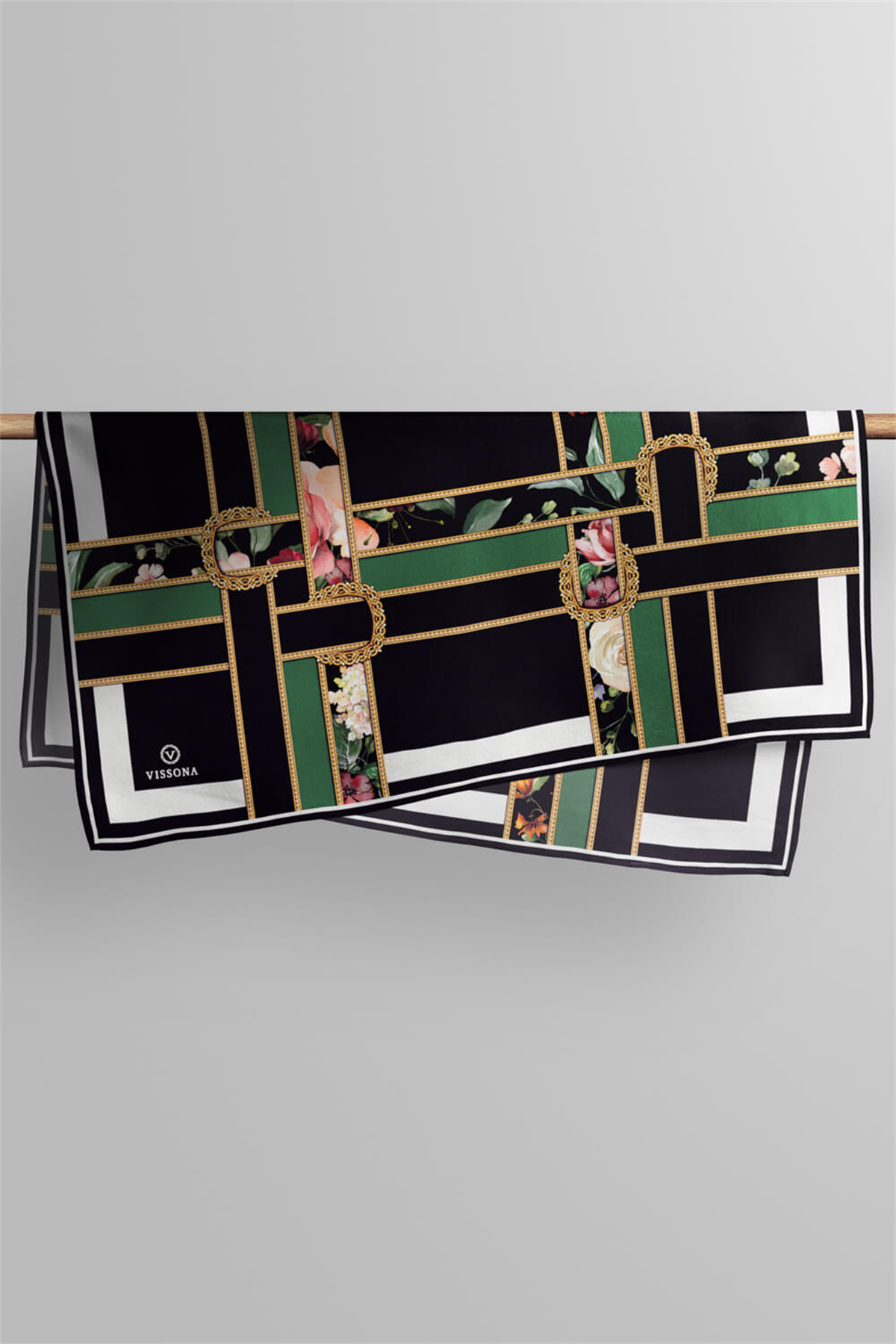 % 57 İPEK % 43 VİSKON Twill İpek Şeritleri Kemerli Ve Çiçek Desenli Zümrüt Yeşili - Siyah Renkli 90x90 Eşarp Dikim Şekli : El Dikişi
