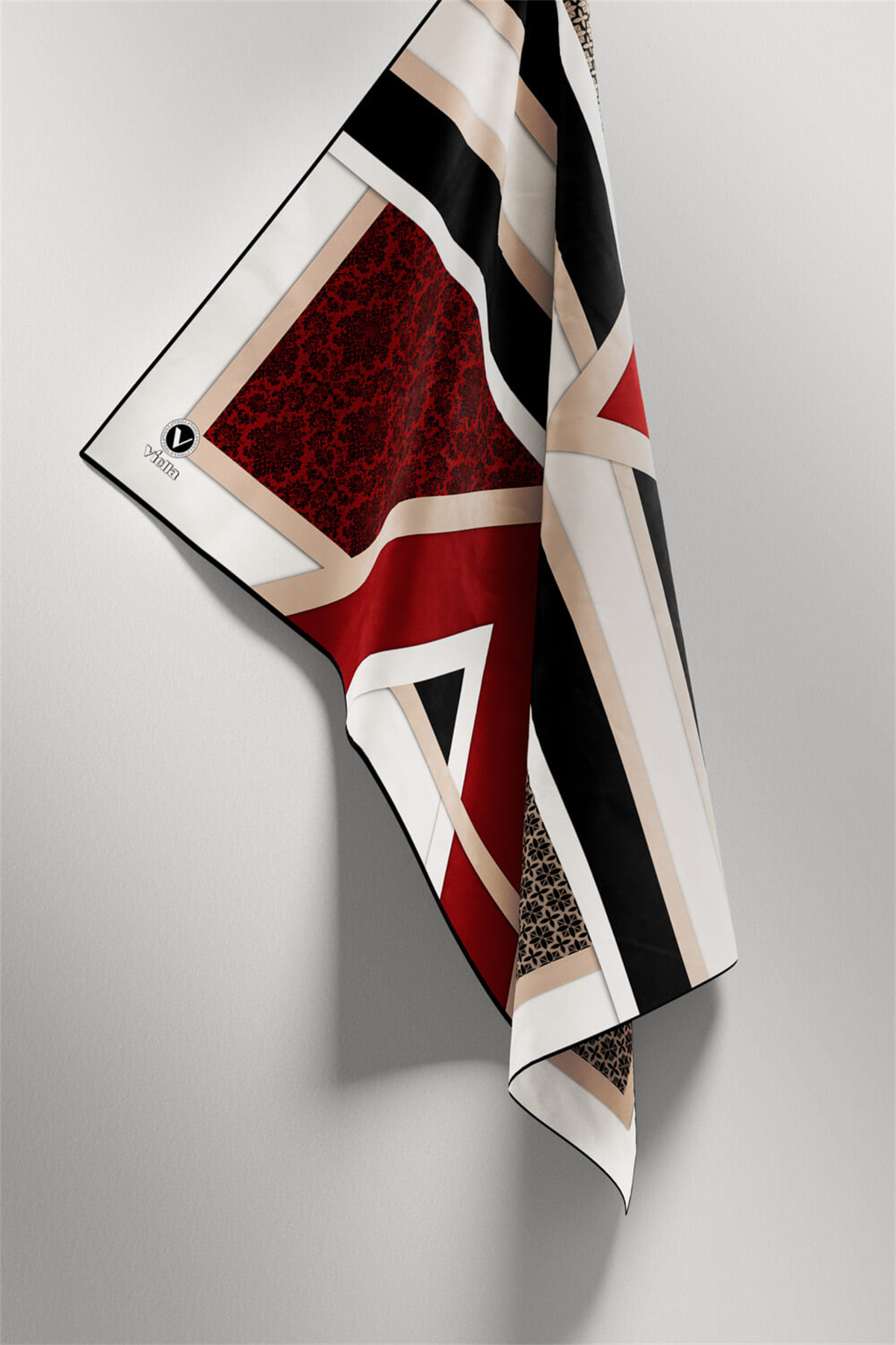 Twill Geometrik Barok Desenli Bordo - Bej Renkli 90x90 Eşarp (İpek İçermez) Kenar Dikiş Şekli El Dikişli
