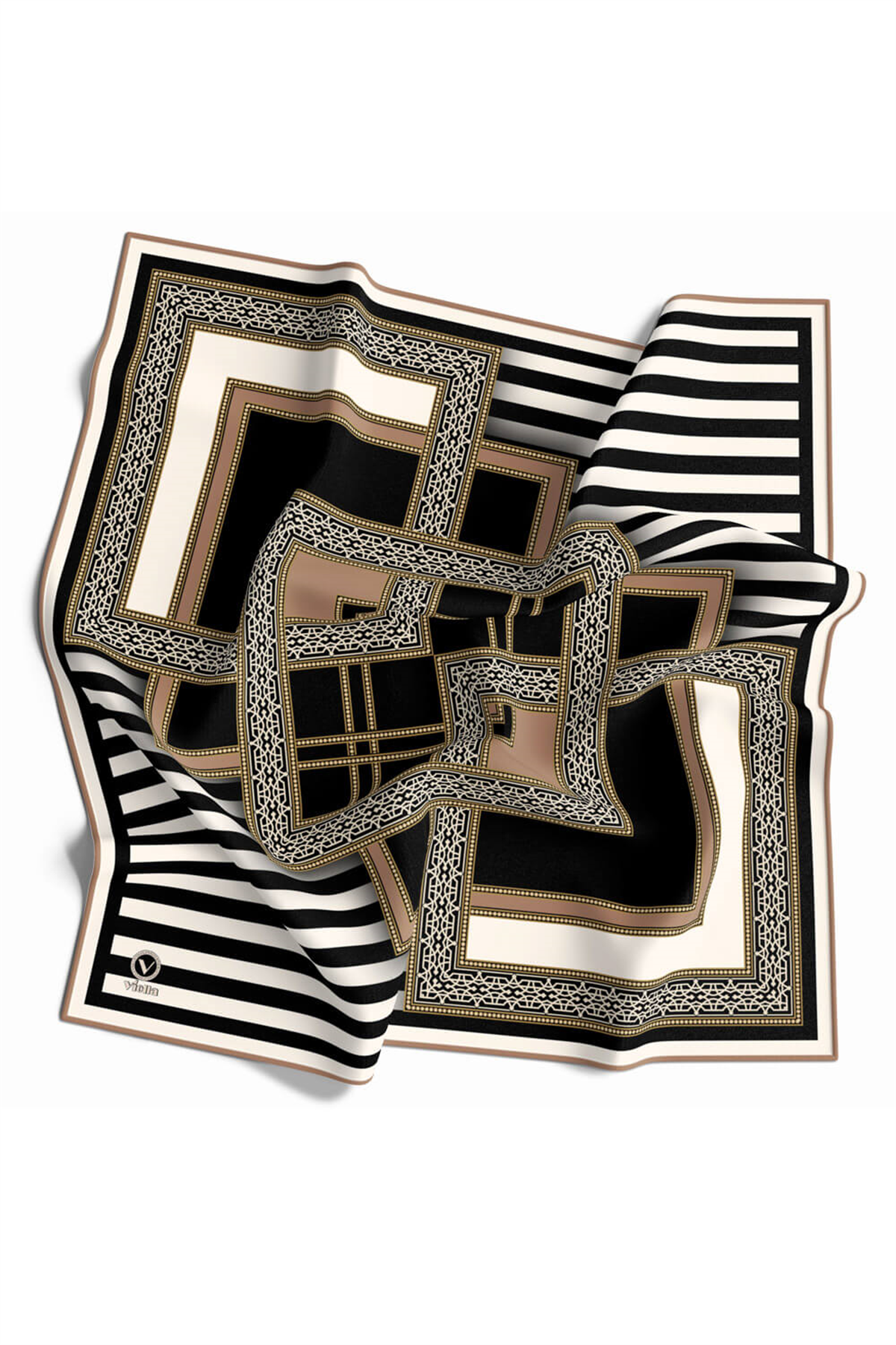 Twill Çizgili ve Kareli Desenli Bej Renkli 90x90 Eşarp (İpek İçermez) Kenar Dikiş Şekli El Dikişli