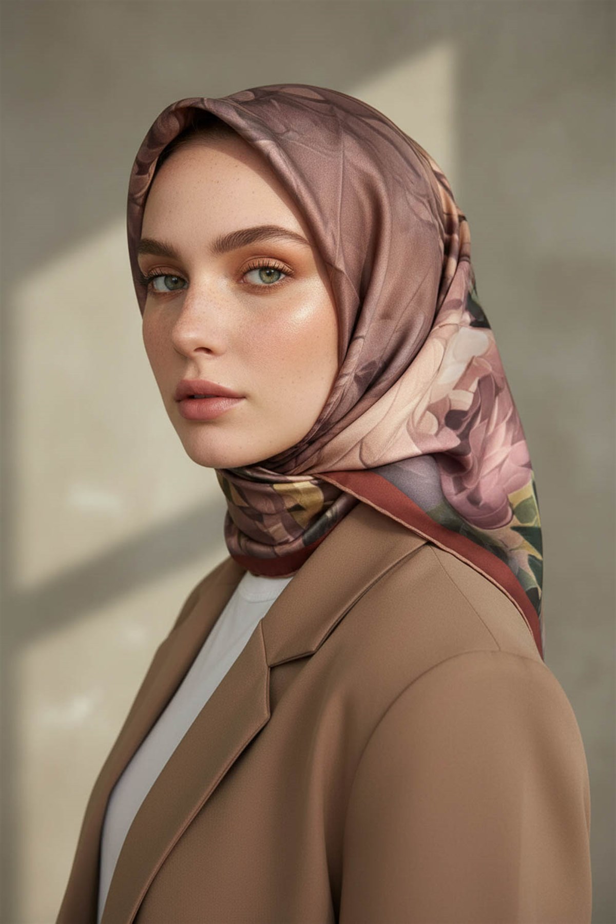 %100 Twill İpek Dumanlı Çiçek Desenli Taba Renkli 90x90 Eşarp Kenar Dikiş Şekli El Dikişli