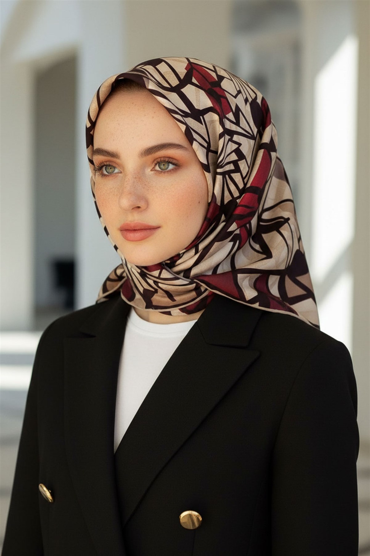 %100 Twill Renkli Petek Desenli Bej - Kırmızı Renkli 90x90 Eşarp Dikim Şekli: El Dikişii