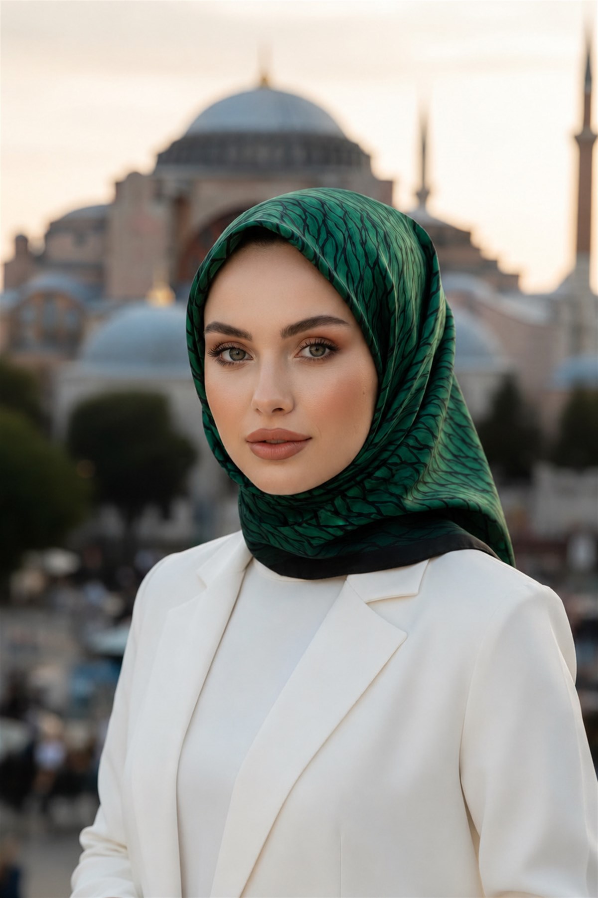 %100 Twill İpek File Desenli Zümrüt Yeşili - Siyah Renkli 90x90 Eşarp Dikim Şekli : El Dikişi