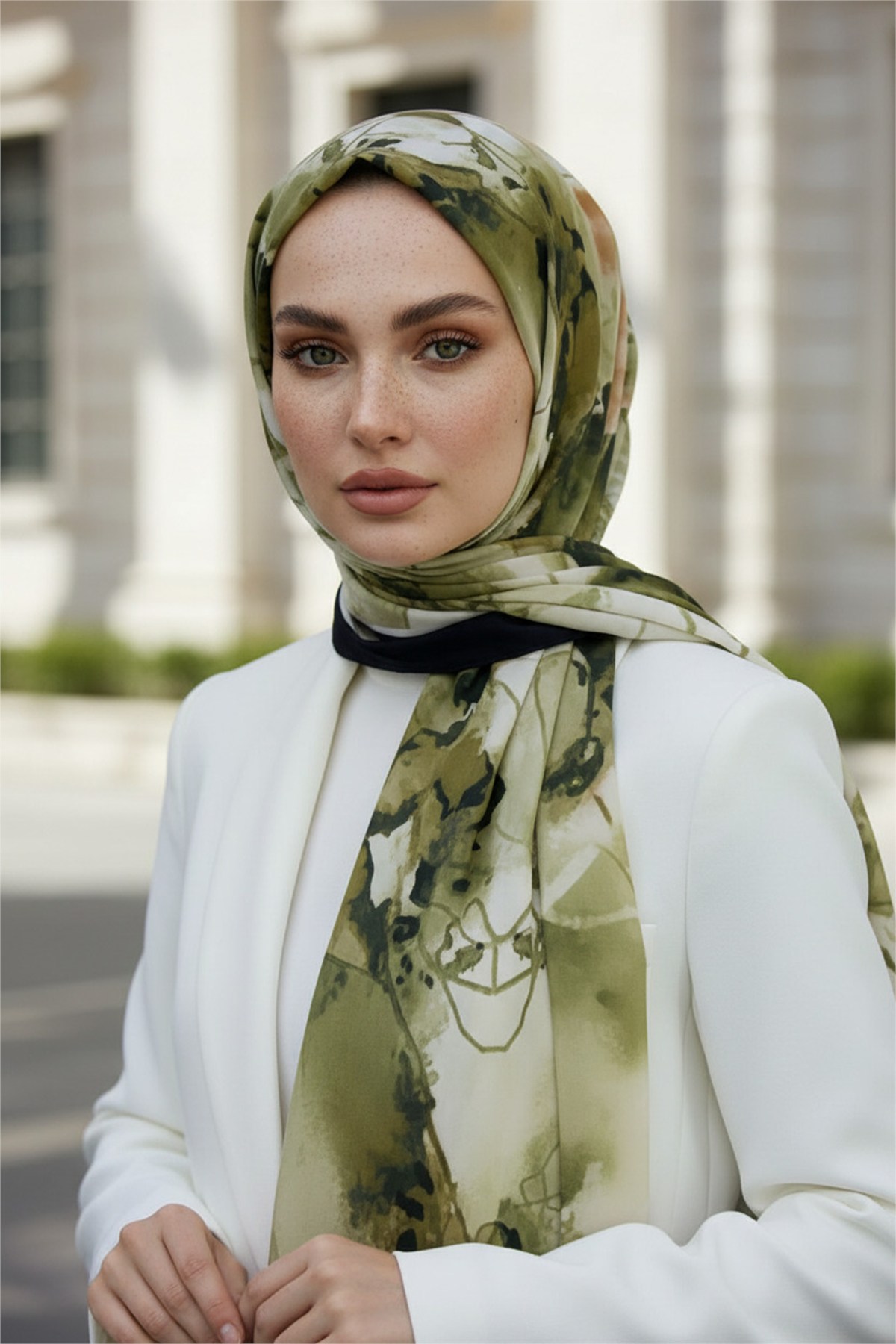 KREP SULU BOYA YAPRAK DESENLİ HAKİ YEŞİLİ RENKLİ 75X195 KIRIŞMAZ ŞAL