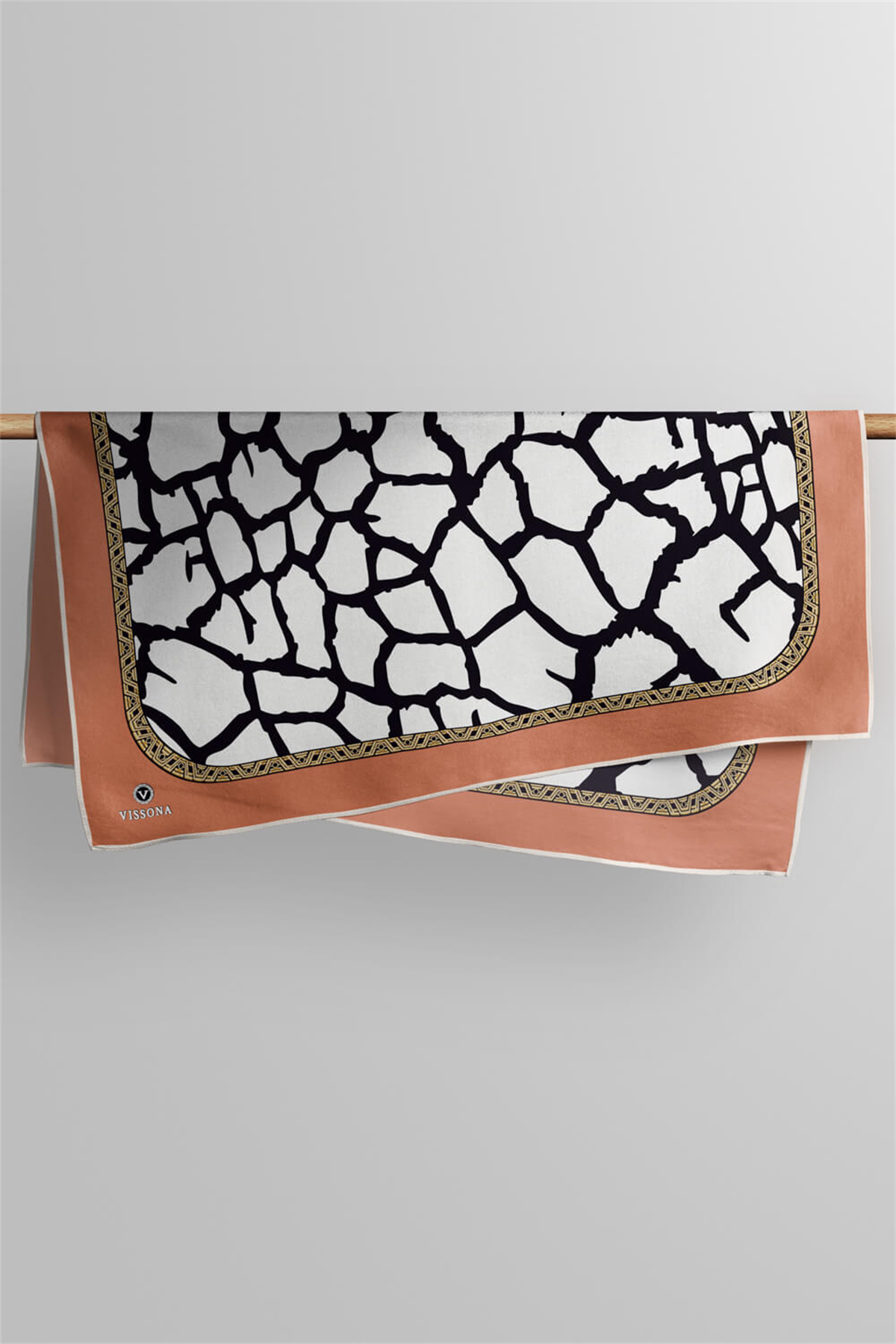 %100 Twill Taş Desenli Bakır - Krem Renkli 90x90 Eşarp Dikim Şekli: El Dikişi