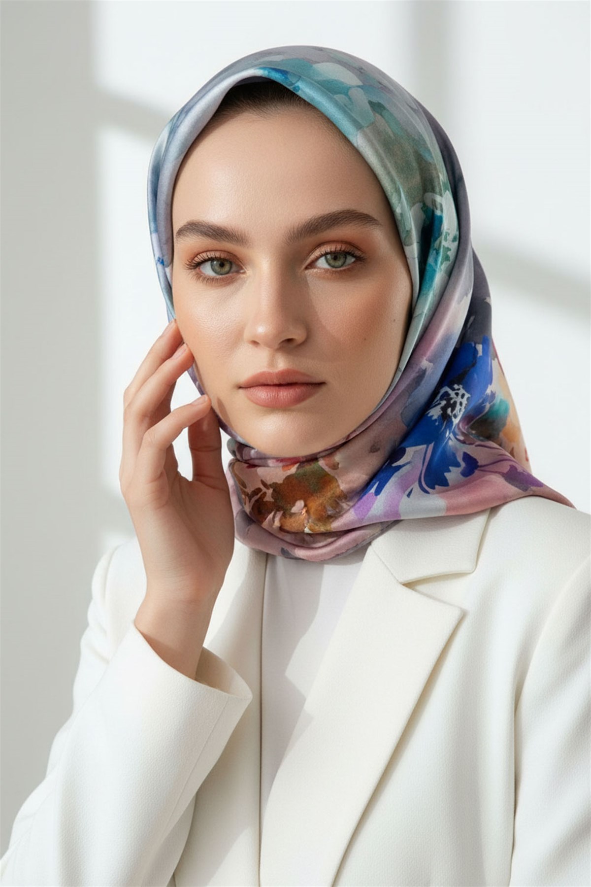 %100 Twill İpek Çiçek  Desenli Gri Renkli 90x90 Eşarp Dikim Şekli : El Dikişi