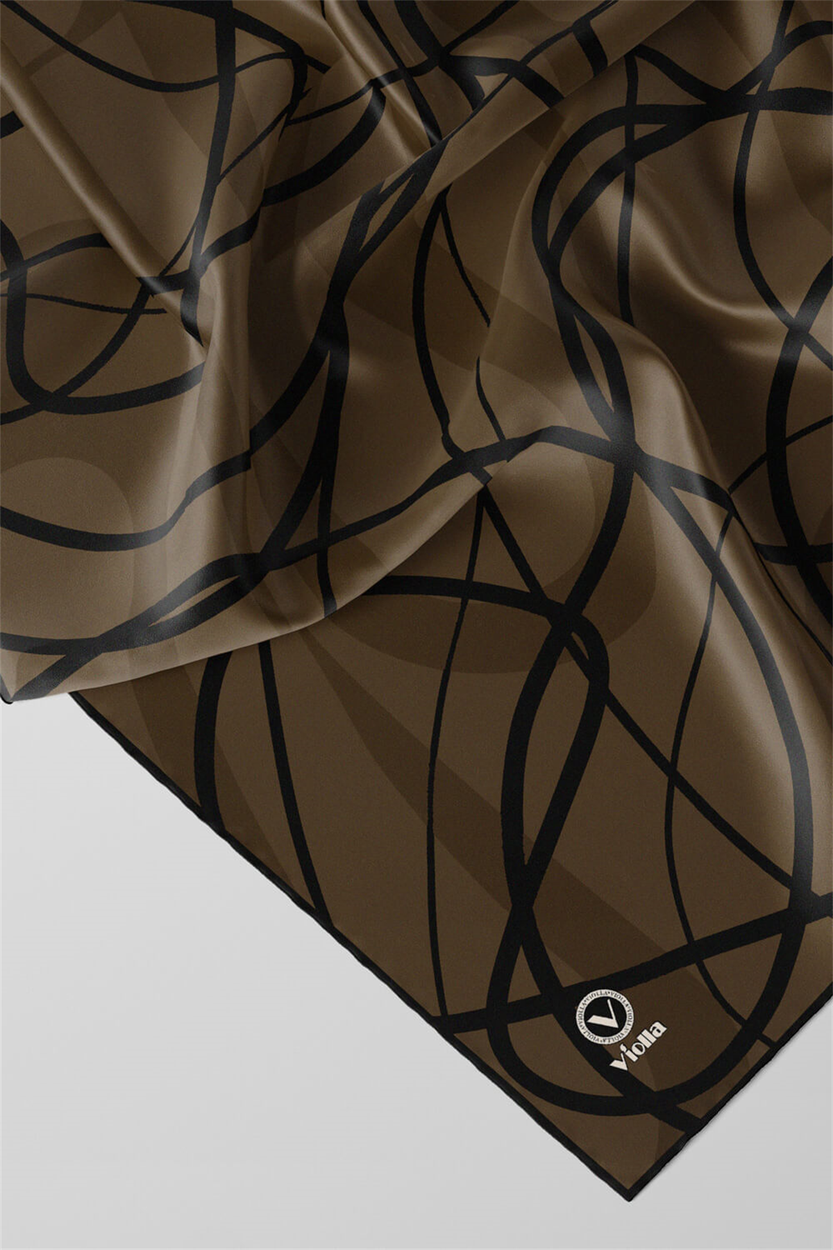 Twill Karışık Çizgi Desenli Vizon Renkli 90x90 Eşarp (İpek İçermez) Kenar Dikiş Şekli El Dikişli