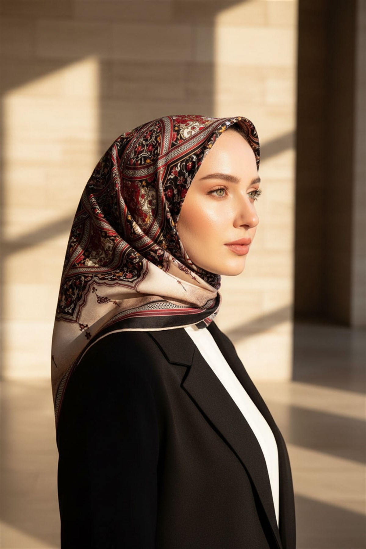 %100 Twill İpek Şal Desenli Siyah - Bordo Renkli 90x90 Eşarp Dikim Şekli : El Dikişi