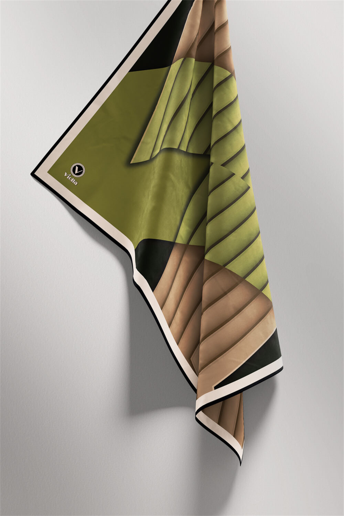 Rayon Zikzak Çizgi Desenli Haki Renkli 90x90 Eşarp (İpek İçermez) Dikim Şekli : El Dikişi