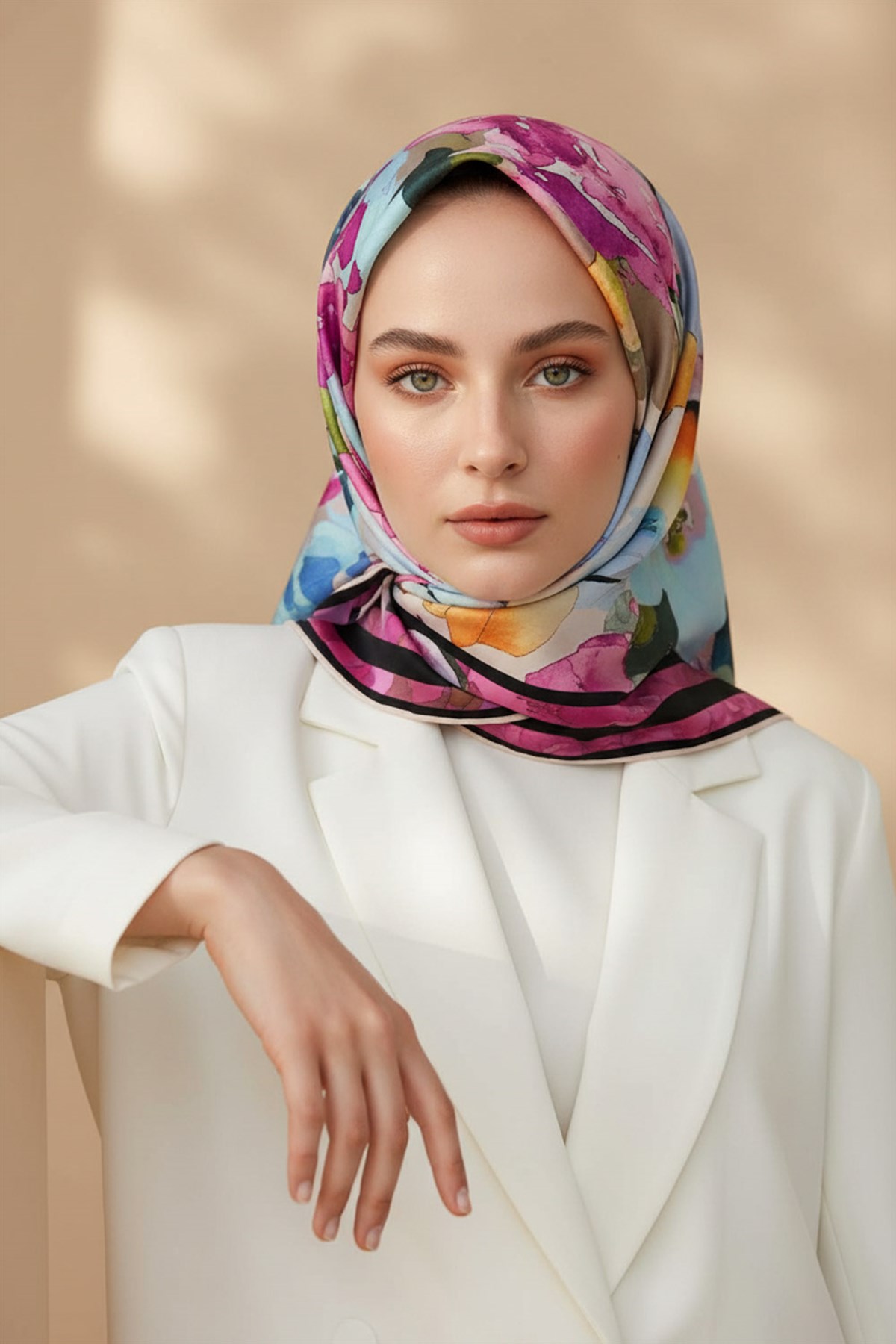 %100 Twill İpek Sulu Boyalı Çiçek Desenli Pembe - Bebe Mavisi Renkli 90x90 Eşarp Dikim Şekli : El Dikişi