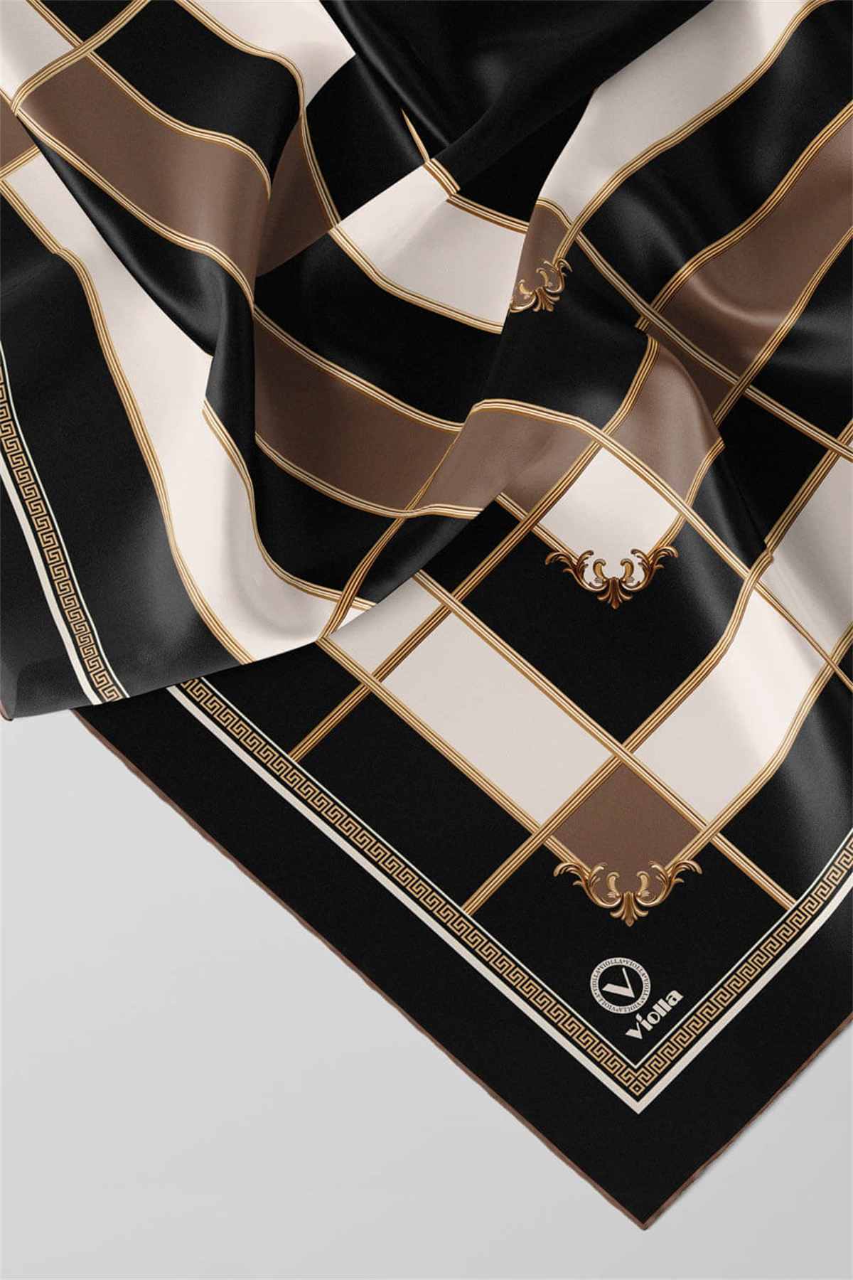 Twill Gold Detaylı Kareli Desenli Vizon Renkli 90x90 Eşarp (İpek İçermez) Kenar Dikiş Şekli El Dikişli