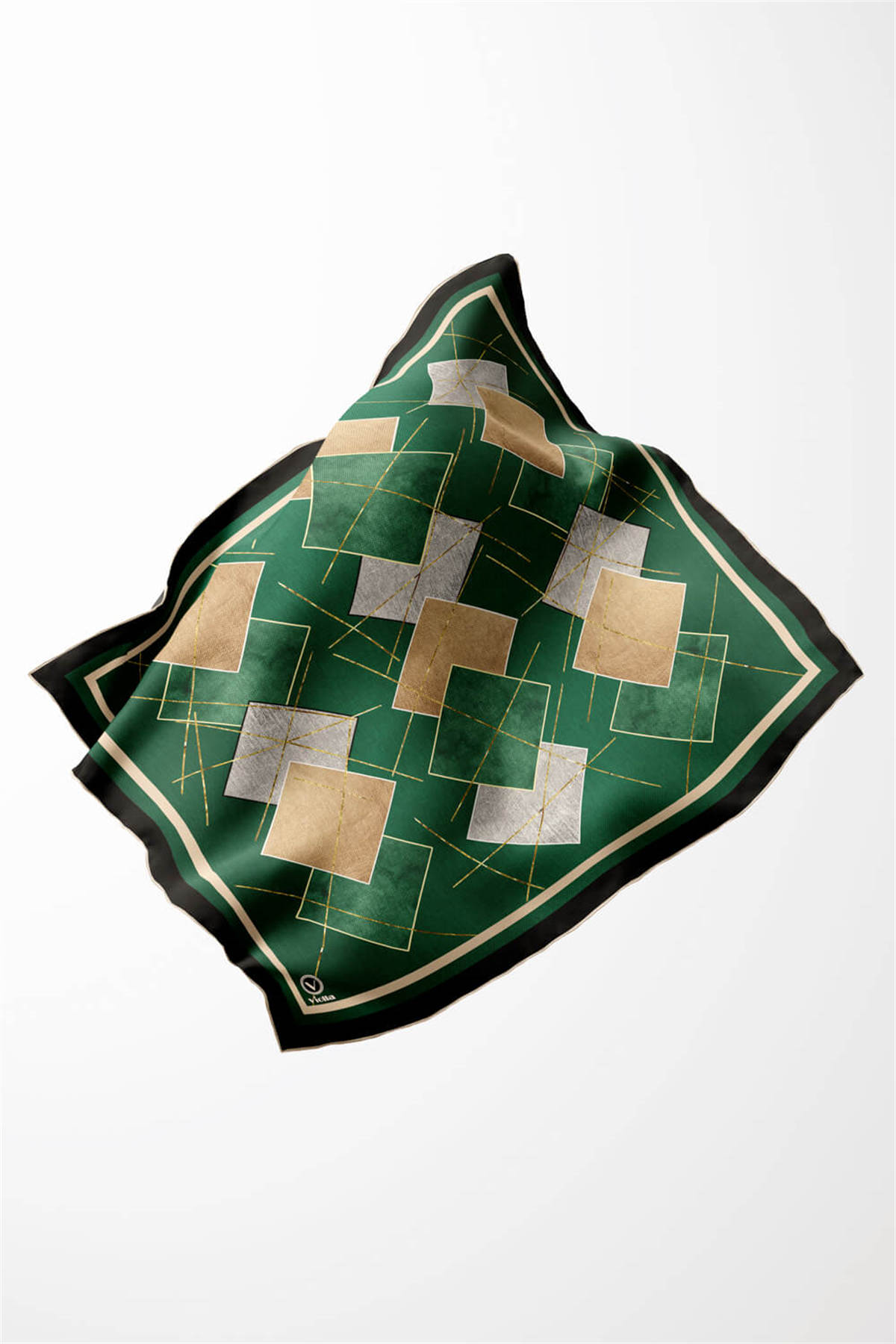 Twill Geometrik Desenli Petrol Yeşili Renkli 90x90 Eşarp (İpek İçermez) Kenar Dikiş Şekli El Dikişli
