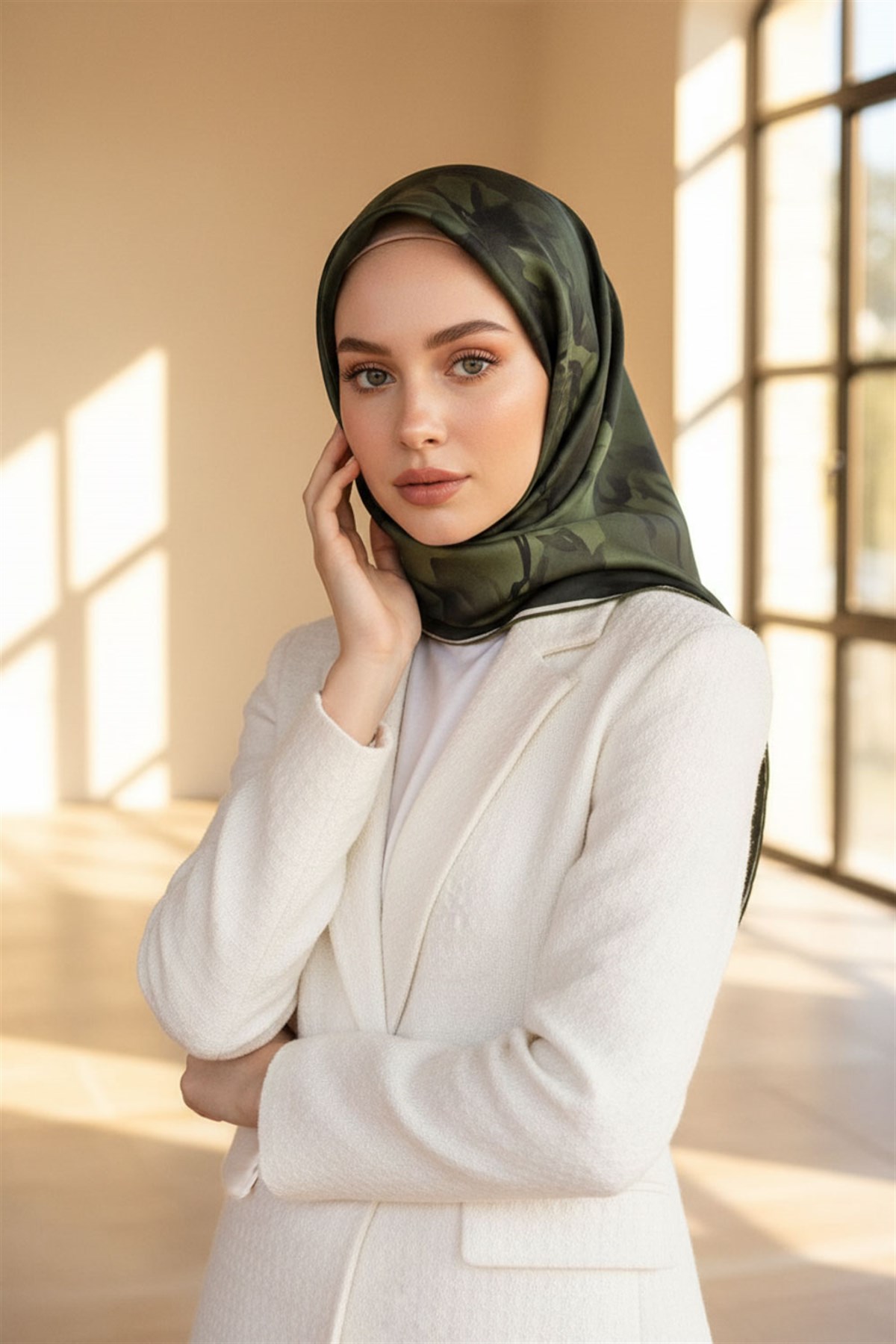 100% Twill İpek Çiçek Desenli Haki Renkli 90x90 Dikim Şekli : El Dikişi Eşarp