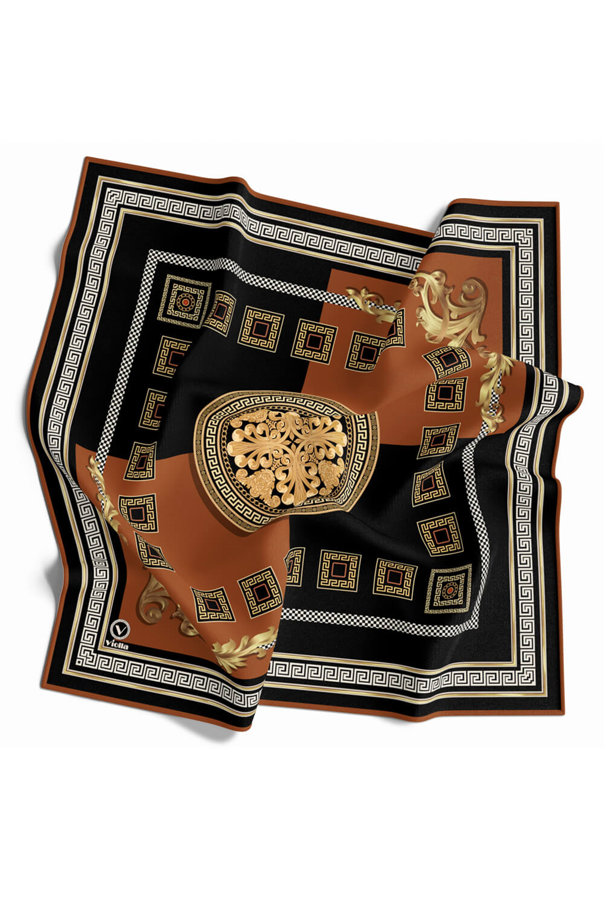 Twill Barok Desenli Taba Renkli 90x90 Eşarp (İpek İçermez) Kenar Dikiş Şekli El Dikişli