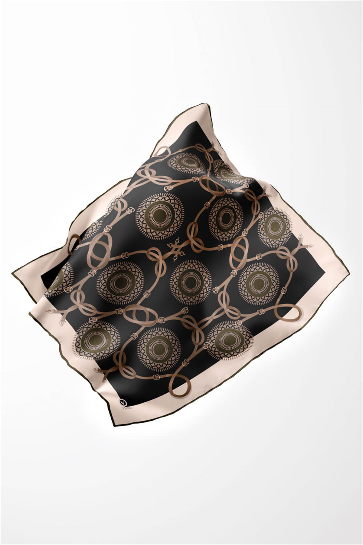 Twill Kemerli Ve Geometrik Desenli Haki Renkli 90x90 Eşarp (İpek İçermez) Kenar Dikiş Şekli El Dikişli