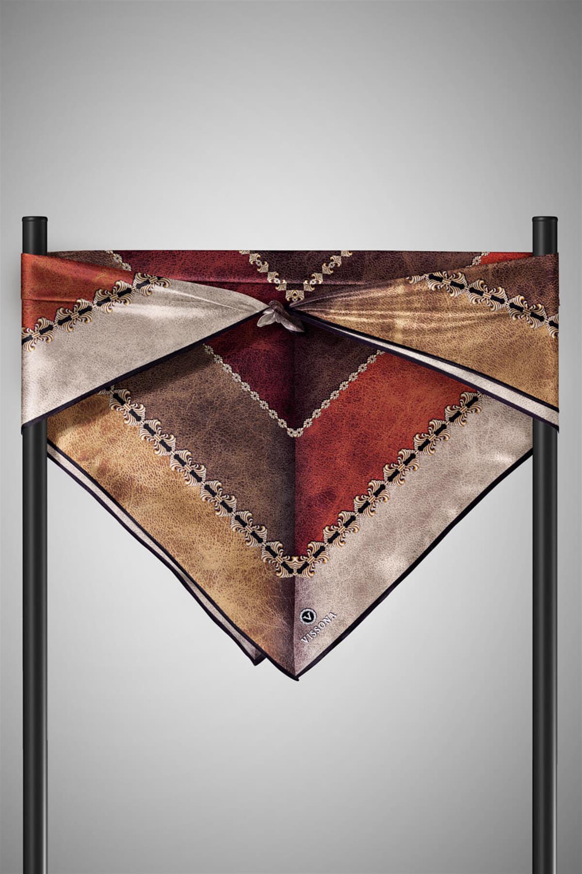 %100 Twill İpek Geometrik Desenli Taba - Hardal Renkli 90x90 Eşarp Dikim Şekli : El Dikişi