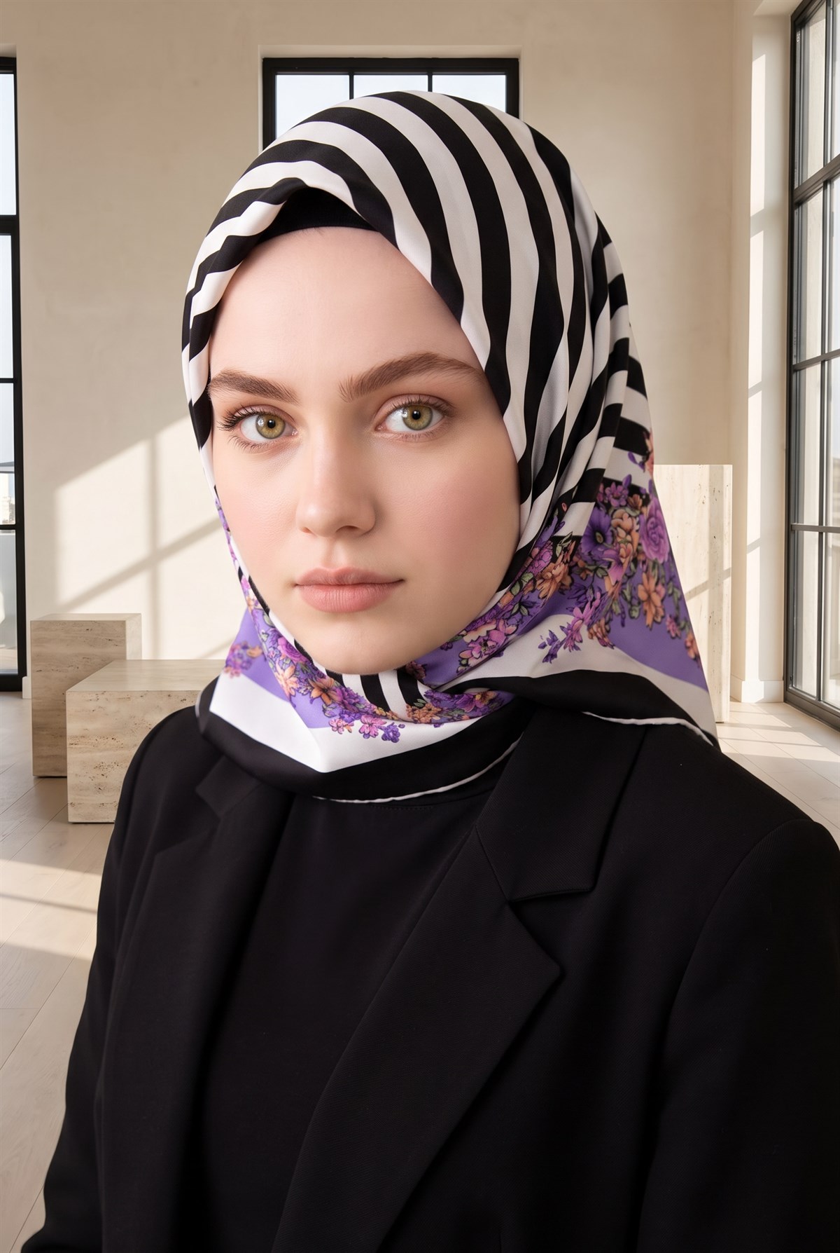 %100 Twill İpek Çıtır Çiçekli Ve Çizgi Desenli Siyah - Lila Renkli 90x90 Eşarp Dikim Şekli : El Dikişi