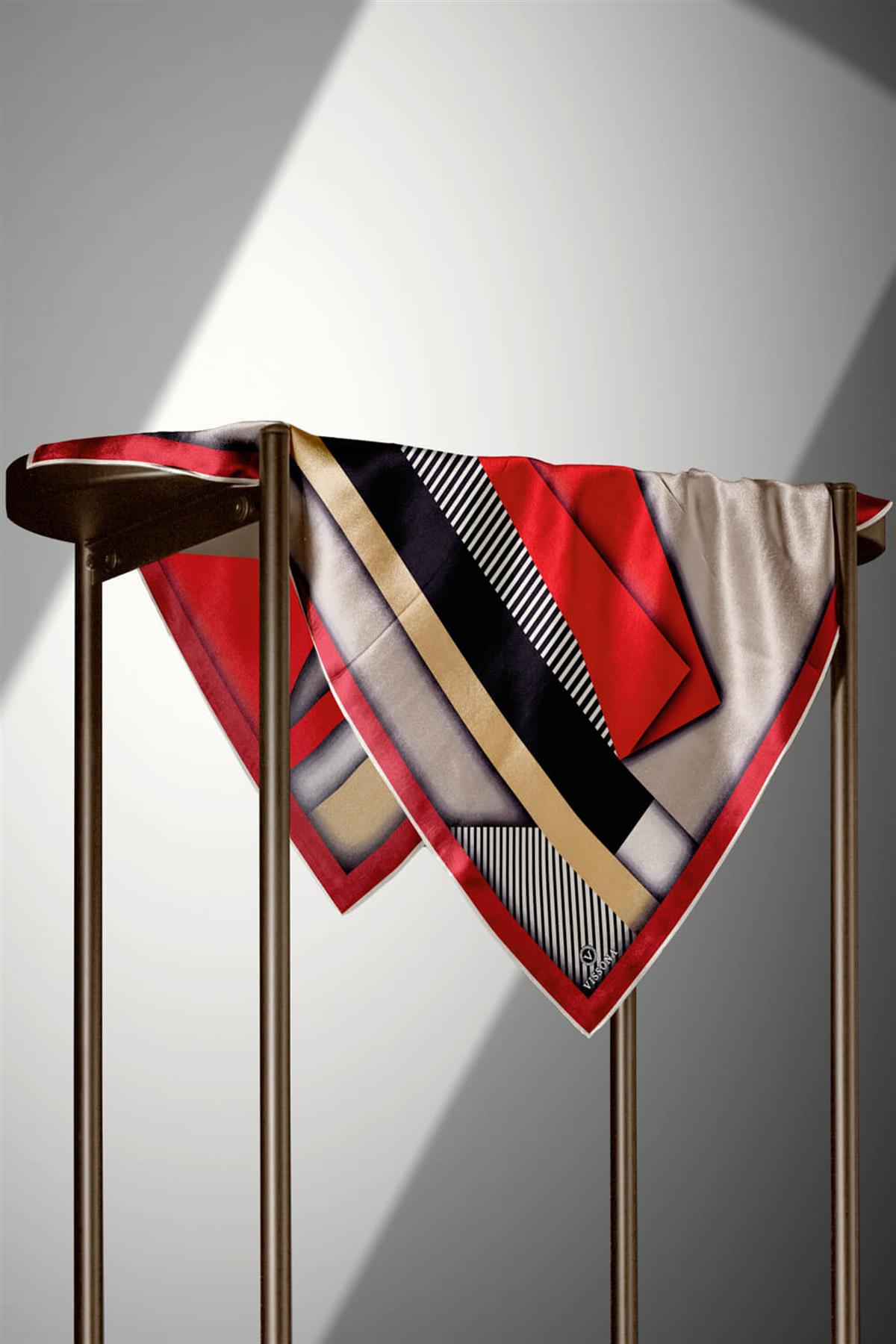 %100 Twill Renk Bloklu Çizgili Desenli Kırmızı - Bej Renkli 90x90 Eşarp Dikim Şekli: El Dikişii