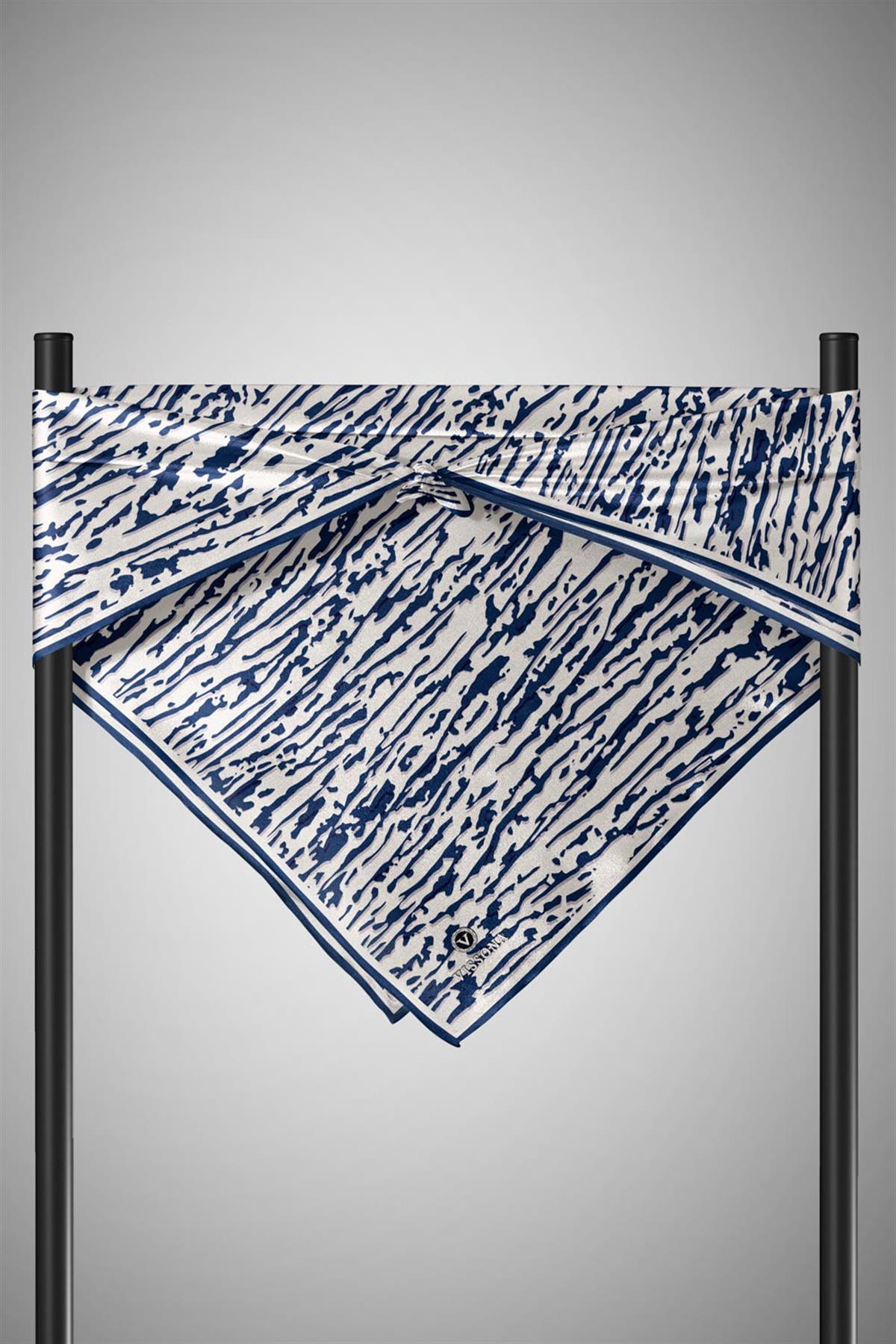 %100 Twill İpek Çizgi Desenli Krem - Lacivert Renkli 90x90 Eşarp Dikim Şekli : El Dikişi