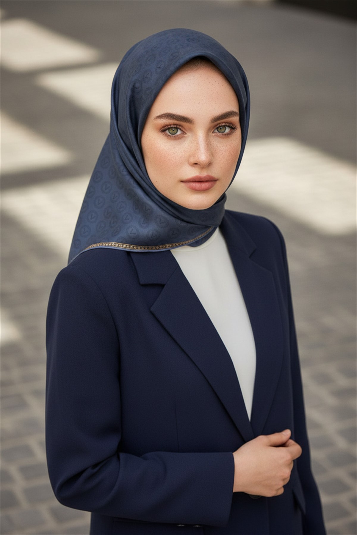 %100 Twill İpek Monogram Desenli İndigo Renkli 90x90 Eşarp Dikim Şekli : El Dikişi