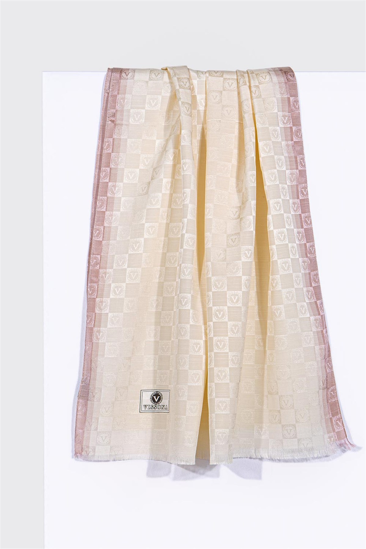 %57 İPEK %43 PAMUK MONOGRAM DESENLİ PUDRA RENKLİ 70X190 ŞAL