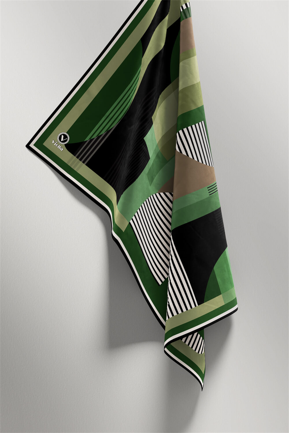 Twill Çizgili Ve Geometrik Desenli Zümrüt Yeşili Renkli 90x90 Eşarp (İpek İçermez) Kenar Dikiş Şekli El Dikişli