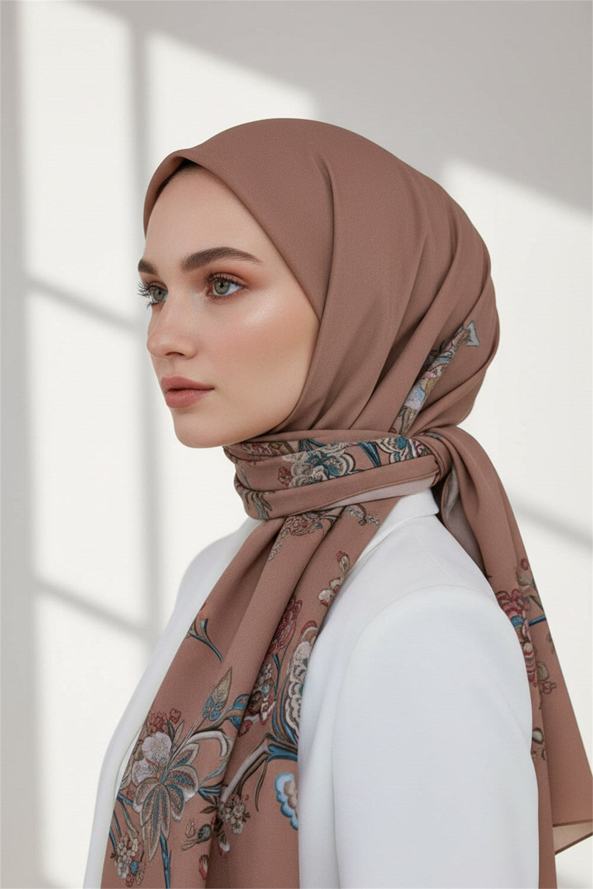 KREP NAKIŞ ÇİÇEK DESENLİ BAKIR RENKLİ 75X195 KIRIŞMAZ ŞAL