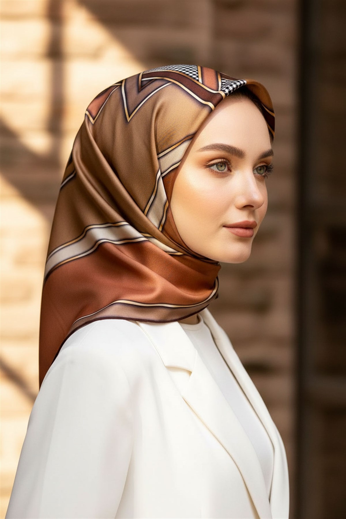 %100 Twill İpek Kareli Kazayaklı Desenli Bakır - Sütlü Kahverengi Renkli 90x90 Eşarp Kenar Dikiş Şekli El Dikişli