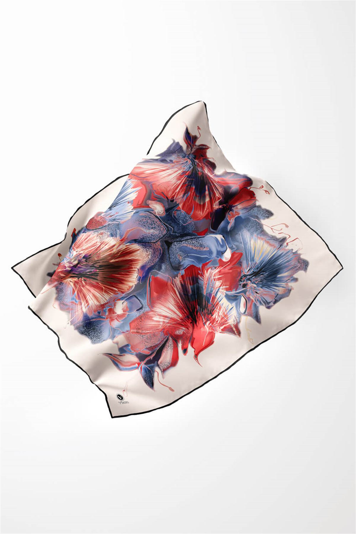 Twill Çiçek Desenli Kahverengi - İndigo Renkli 90x90 Eşarp (İpek İçermez) Kenar Dikiş Şekli El Dikişli