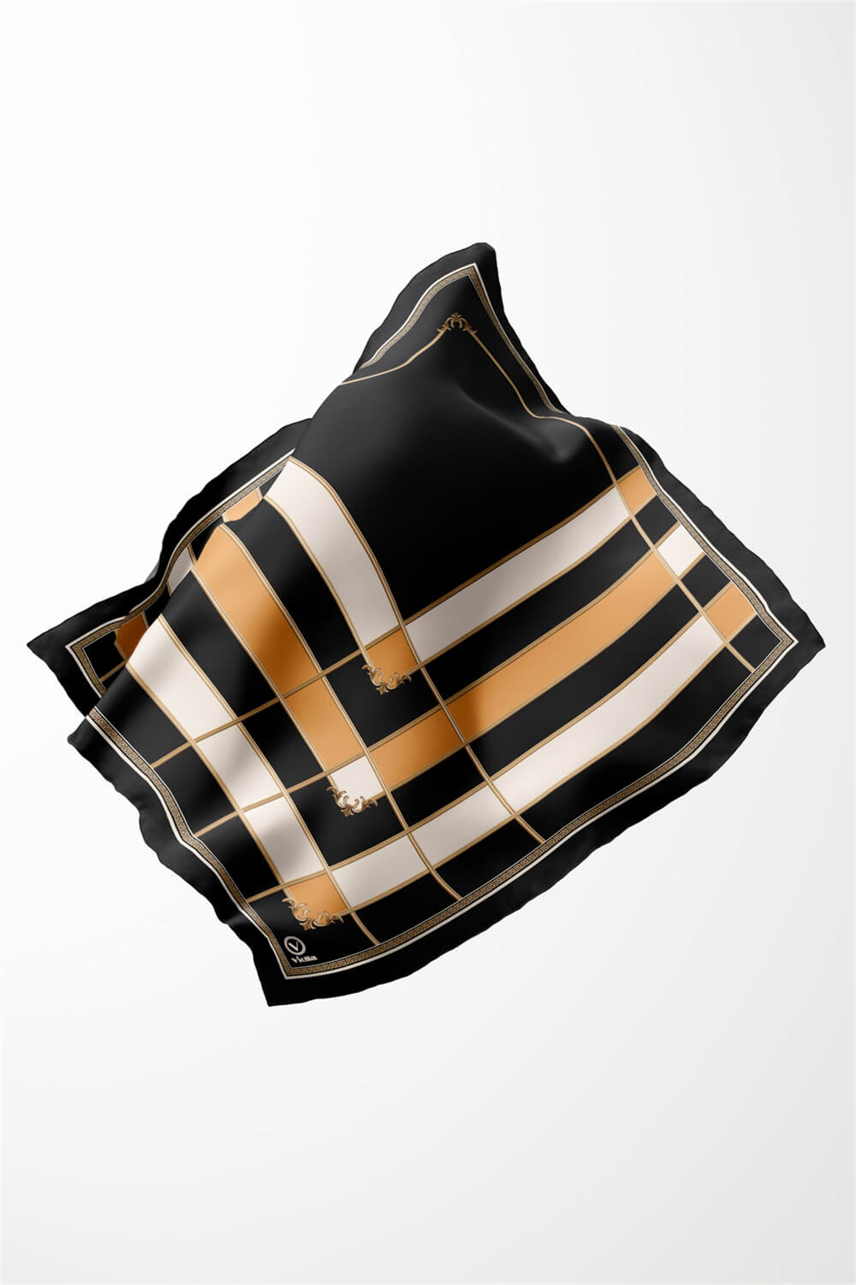 Twill Gold Detaylı Kareli Desenli Sarı Renkli 90x90 Eşarp (İpek İçermez) Kenar Dikiş Şekli El Dikişli