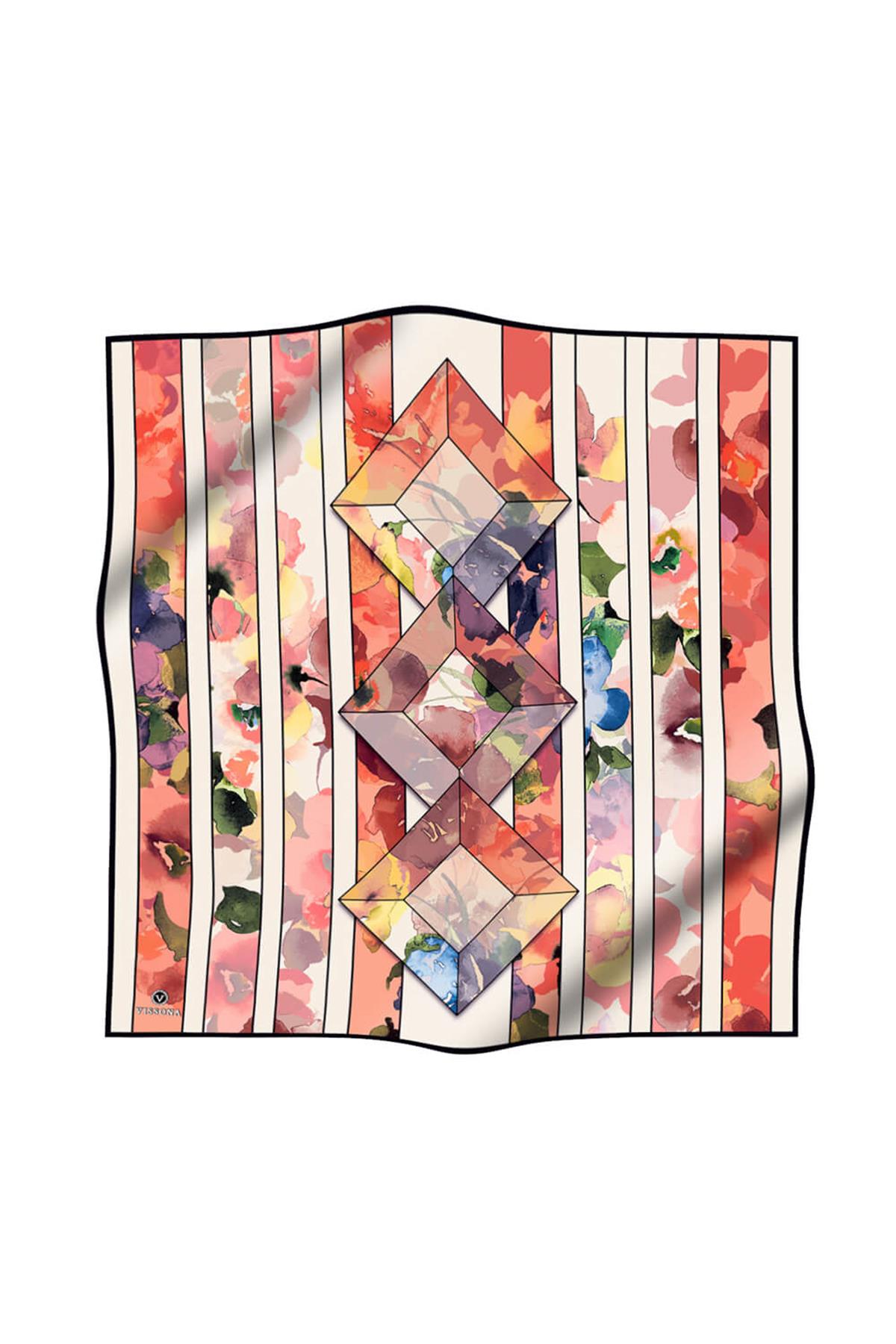 %100 Twill İpek Bahar Çiçekleri Desenli Pudra - Bebe Mavisi Renkli 90x90 Eşarp Kenar Dikiş Şekli El Dikişli