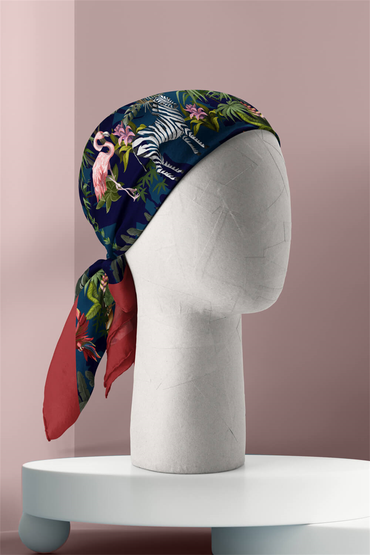 Kadın Lacivert Yeşil Flamingo Desenli 50x50 Bandana HYL DG01131-22