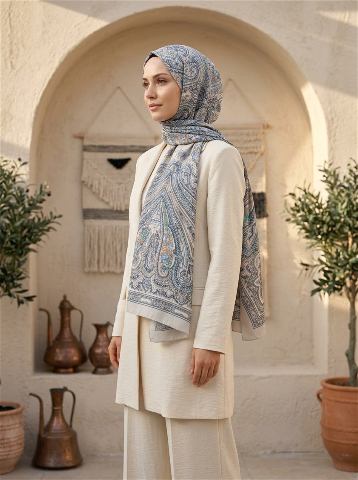 %100 İpek Etro Desenli Gri Renkli 92x210 Şal