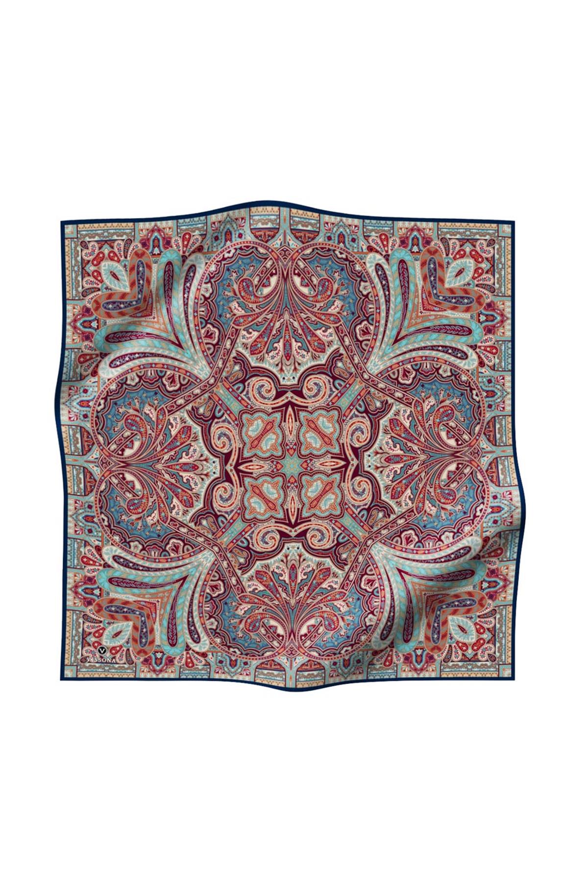 100% Twill İpek Etnik Desenli Lacivert Renkli 90x90 Dikim Şekli : El Dikişi Eşarp