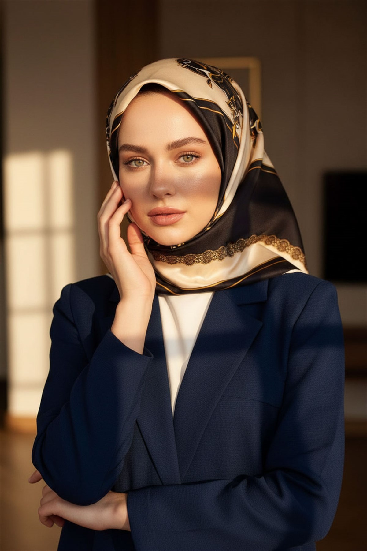 %100 Twill Barok Desenli Lacivert - Krem Renkli 90x90 Eşarp Dikim Şekli: El Dikişi