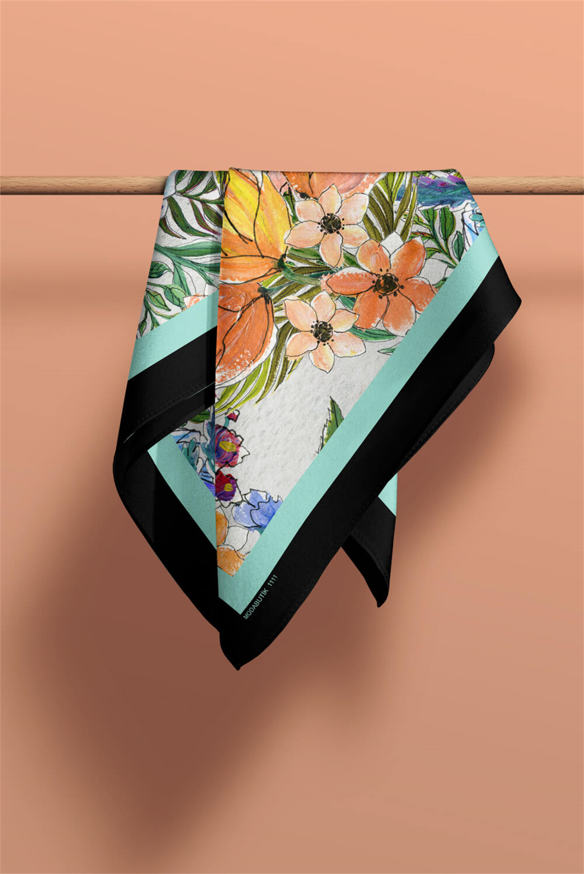 F43 Kadın Su Yeşili Siyah Jardin Desenli 50x50 Bandana HYL DG01111-22