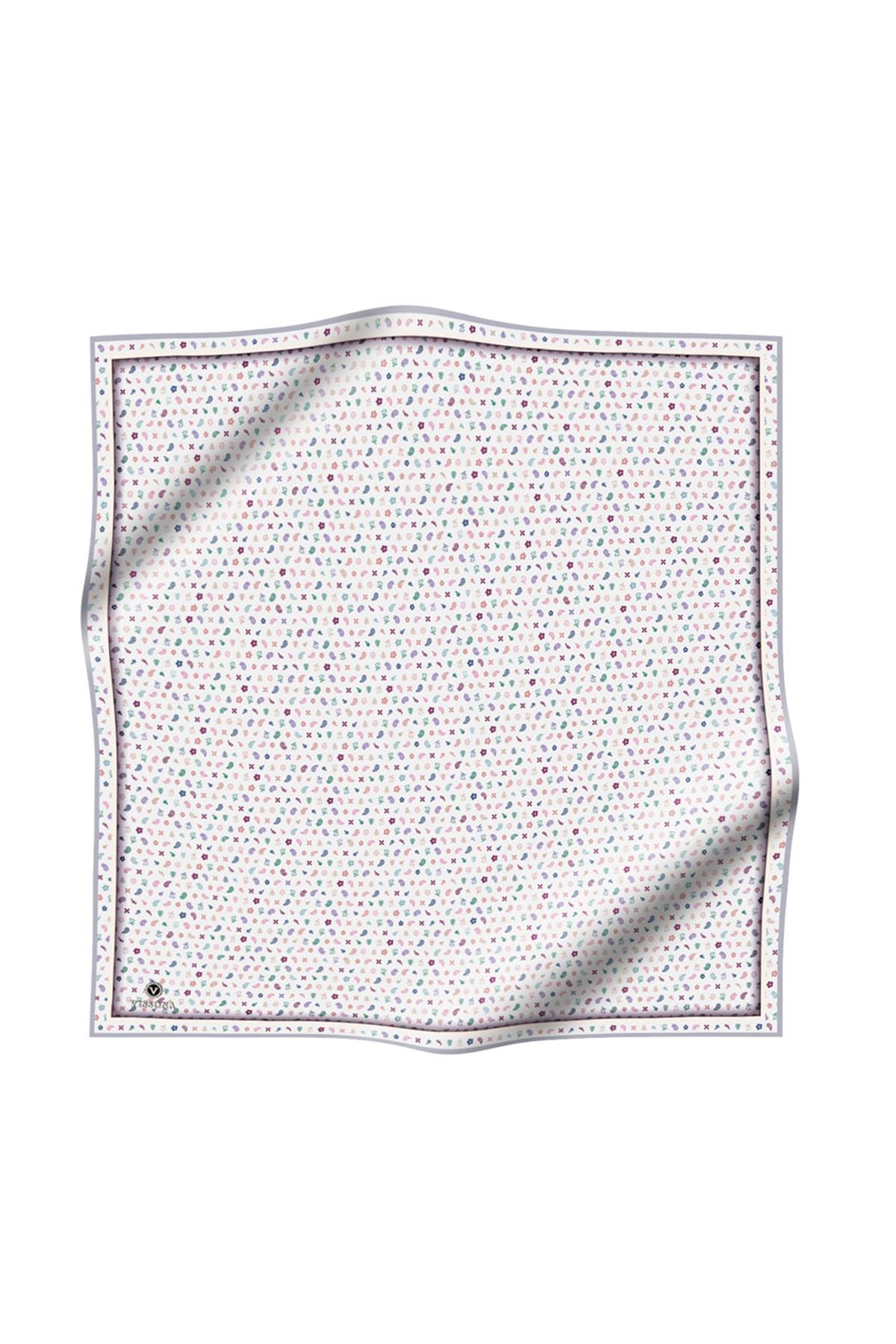 %100 Twill İpek Çıtır Desenli Gümüş - Gri Renkli 90x90 Eşarp Dikim Şekli : El Dikişi