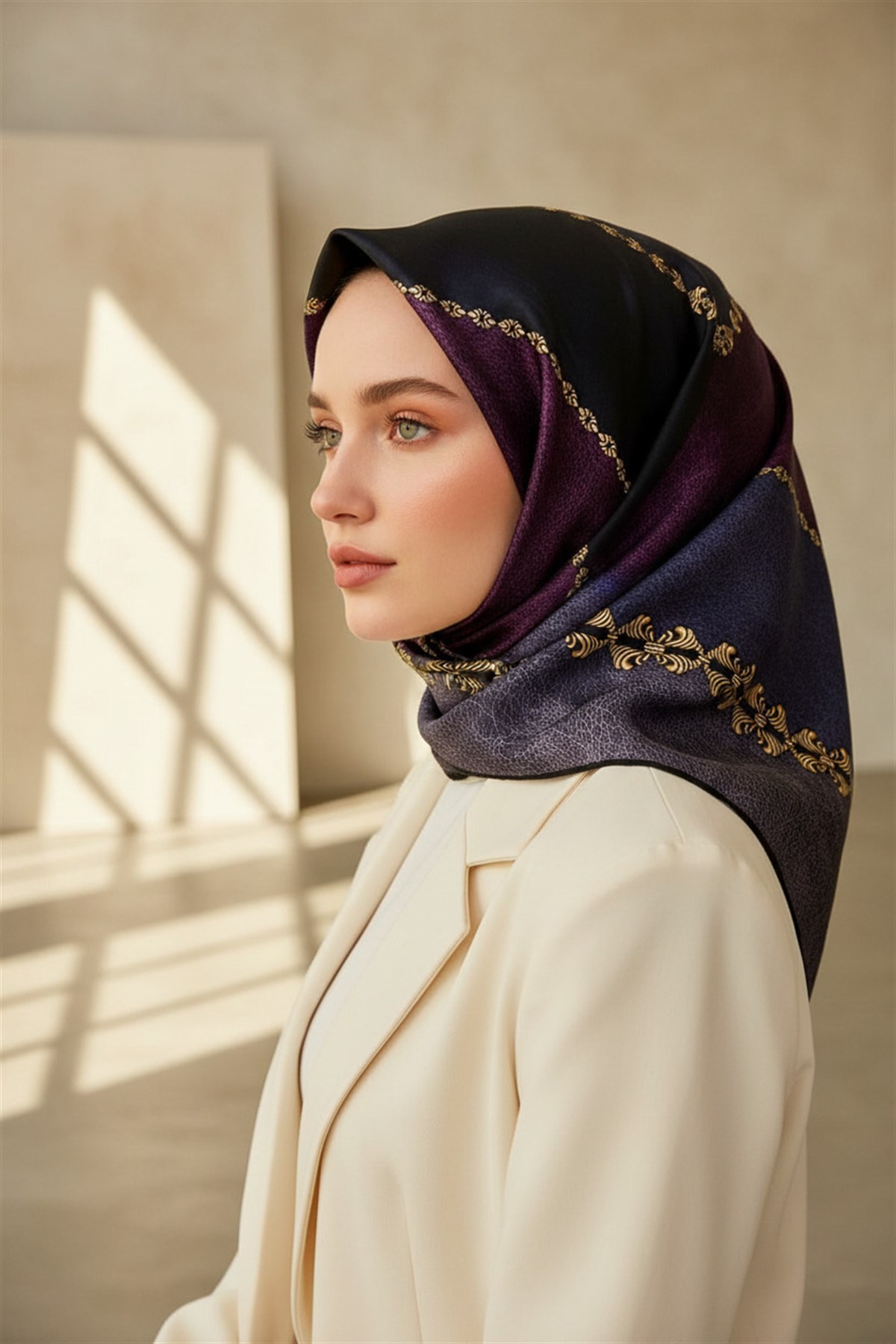 %100 Twill İpek Geometrik Desenli İndigo - Mürdüm Renkli 90x90 Eşarp Dikim Şekli : El Dikişi