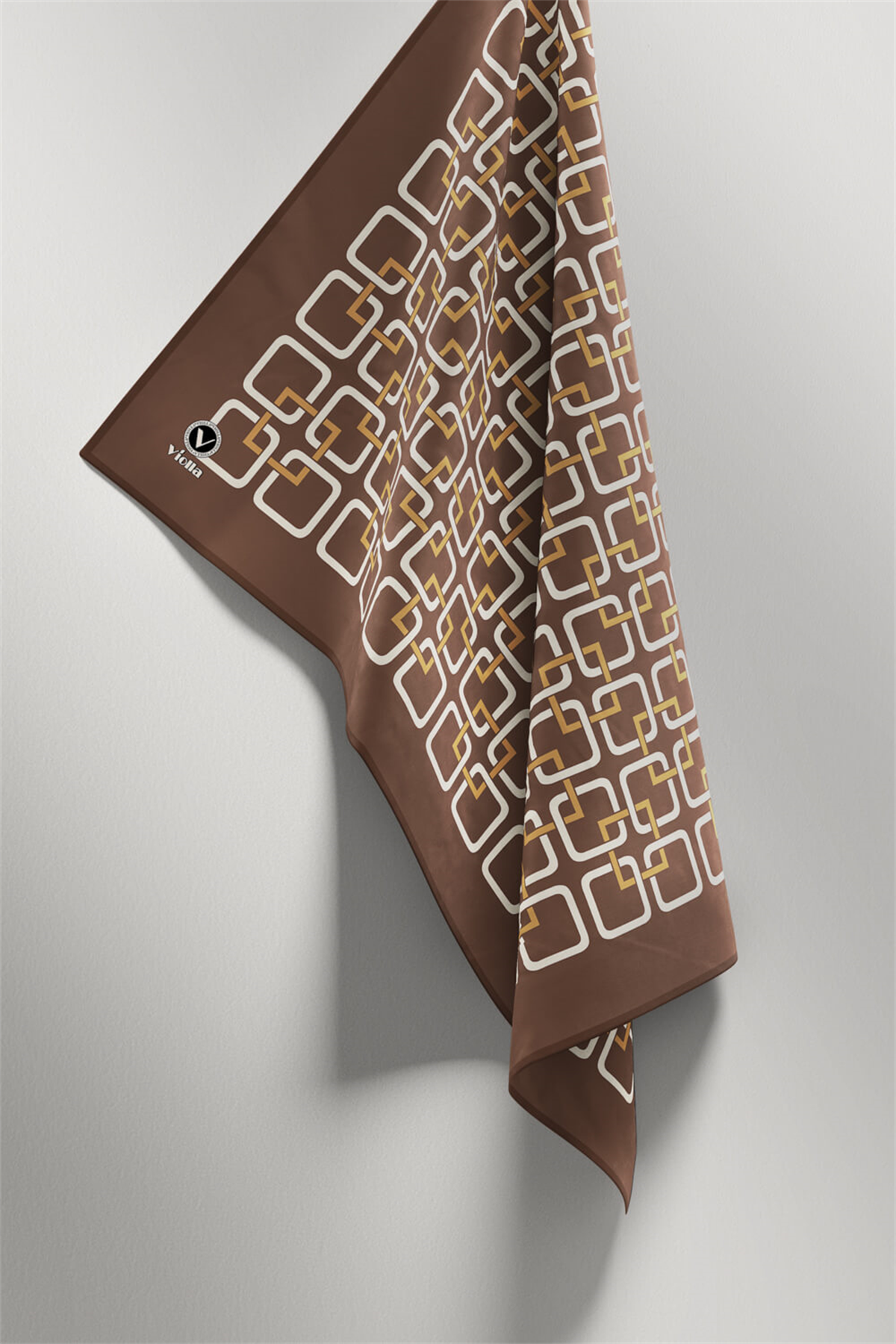 Twill Geometrik Desenli Bakır Renkli 90x90 Eşarp (İpek İçermez) Kenar Dikiş Şekli El Dikişli