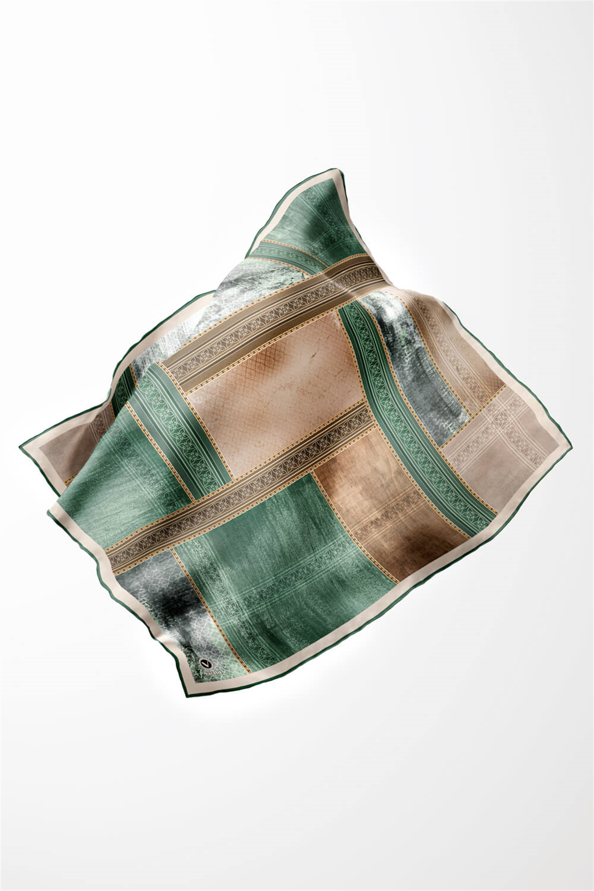 Twill Dokulu Ve Geometrik Desenli Petrol Yeşili Renkli 90x90 Eşarp (İpek İçermez) Dikim Şekli : El Dikişi