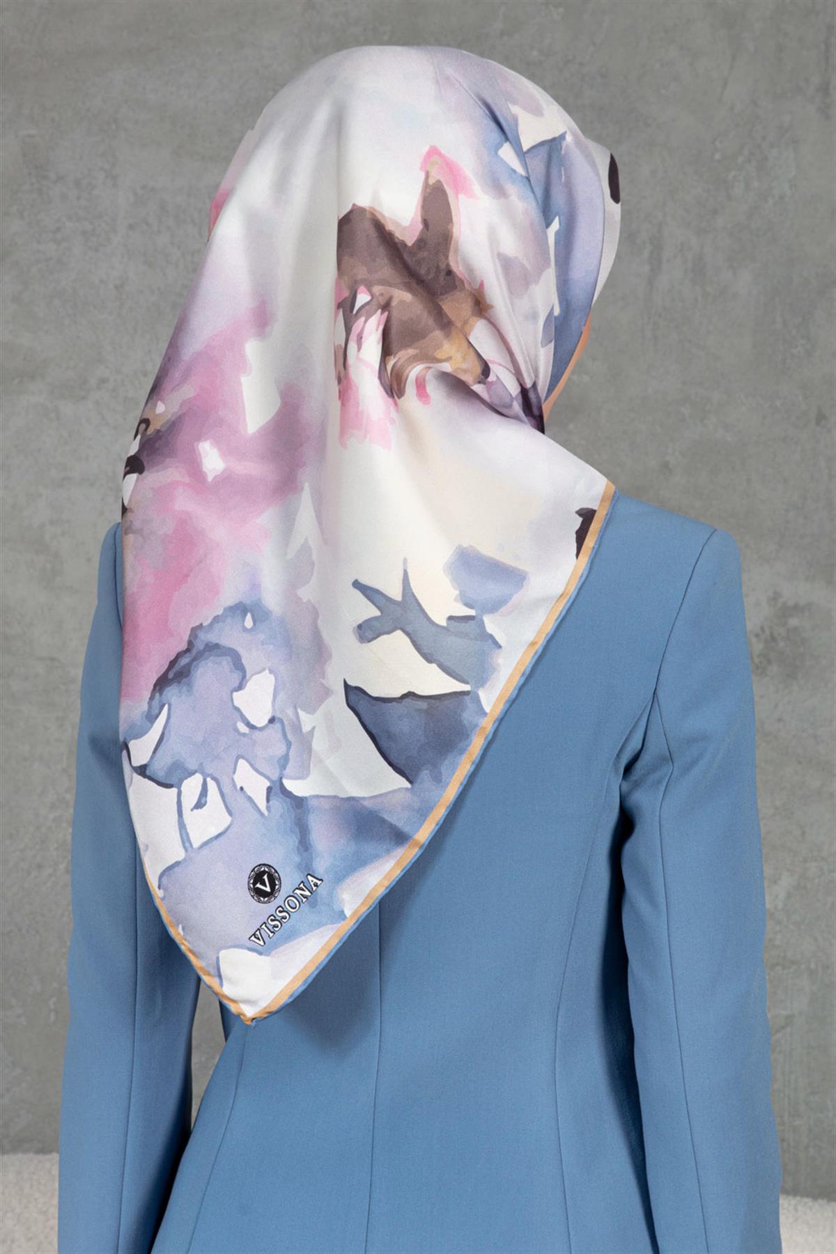 %100 Twill İpek Yaprak Desenli Bebe Mavisi - Pembe Renkli 90x90 Eşarp Dikim Şekli : El Dikişi